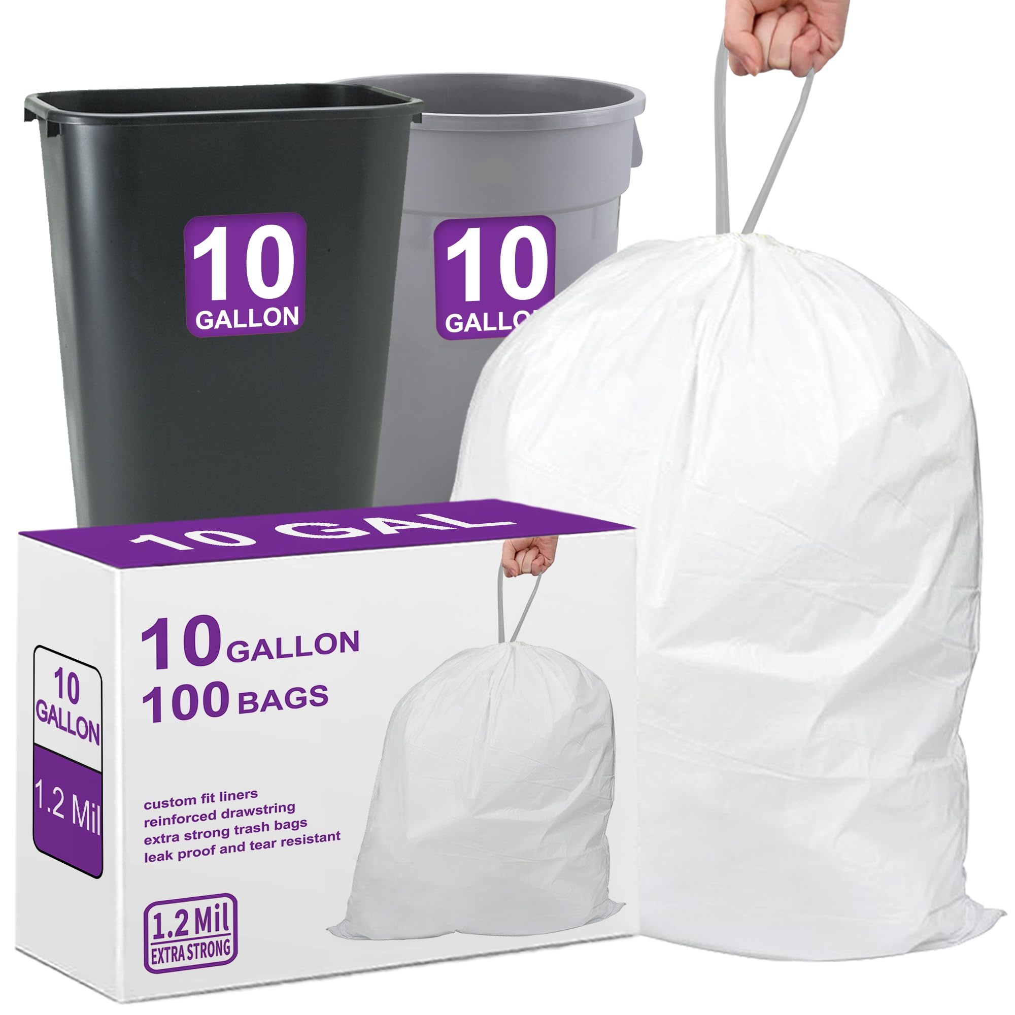 10 Gallon Heavy Duty Trash Bags 1.2 Mil THICK 100 Count with Reinforced Drawstring | Compatible with Rubbermaid Brute 10 Gallon Trash Can & Fit All 7-11 Gallon Trash Can | Tear & Leak Resistant