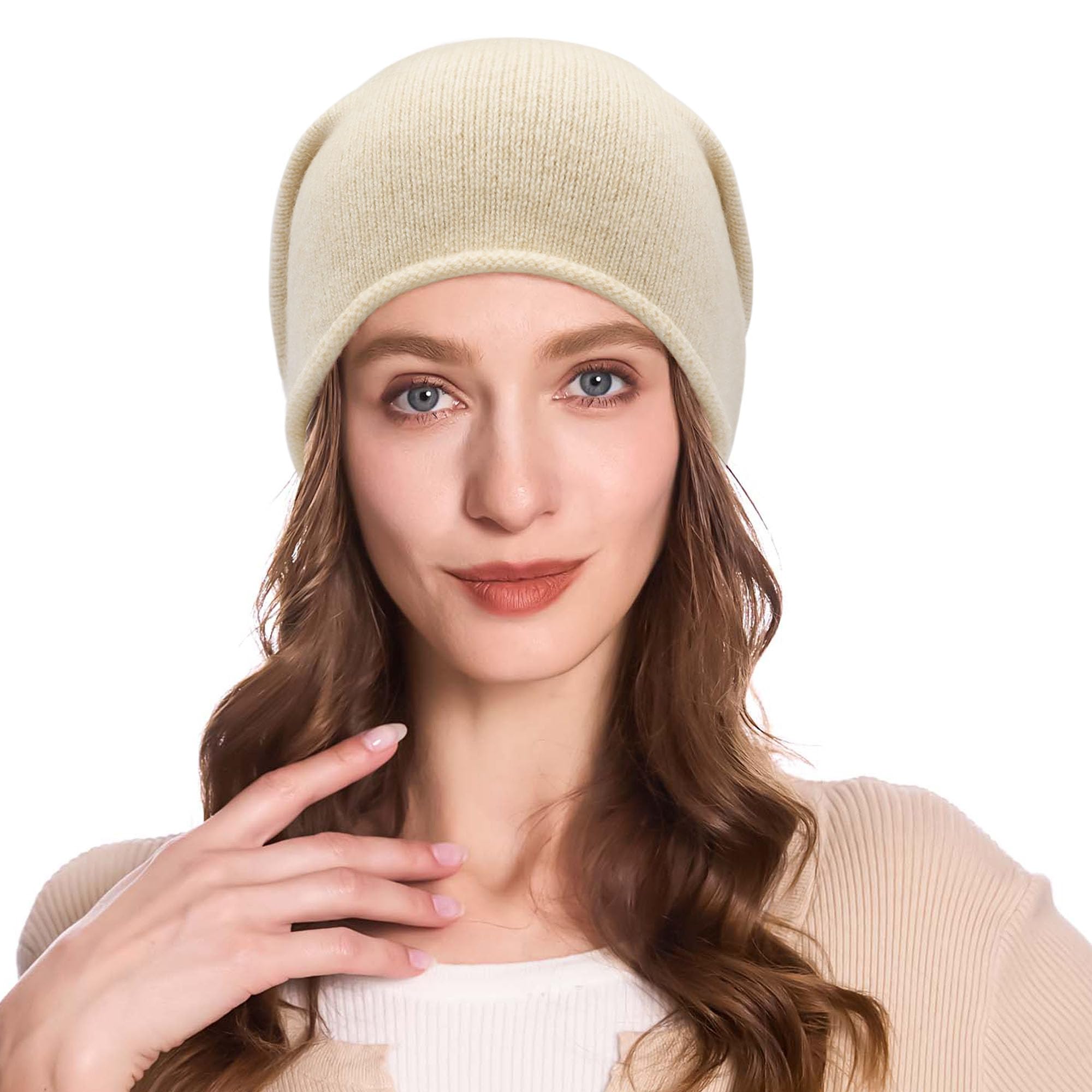 ZLYC Women Cashmere Blend Slouchy Beanie Hat Seamless Knit Winter Skull Cap(Solid Beige),One Size
