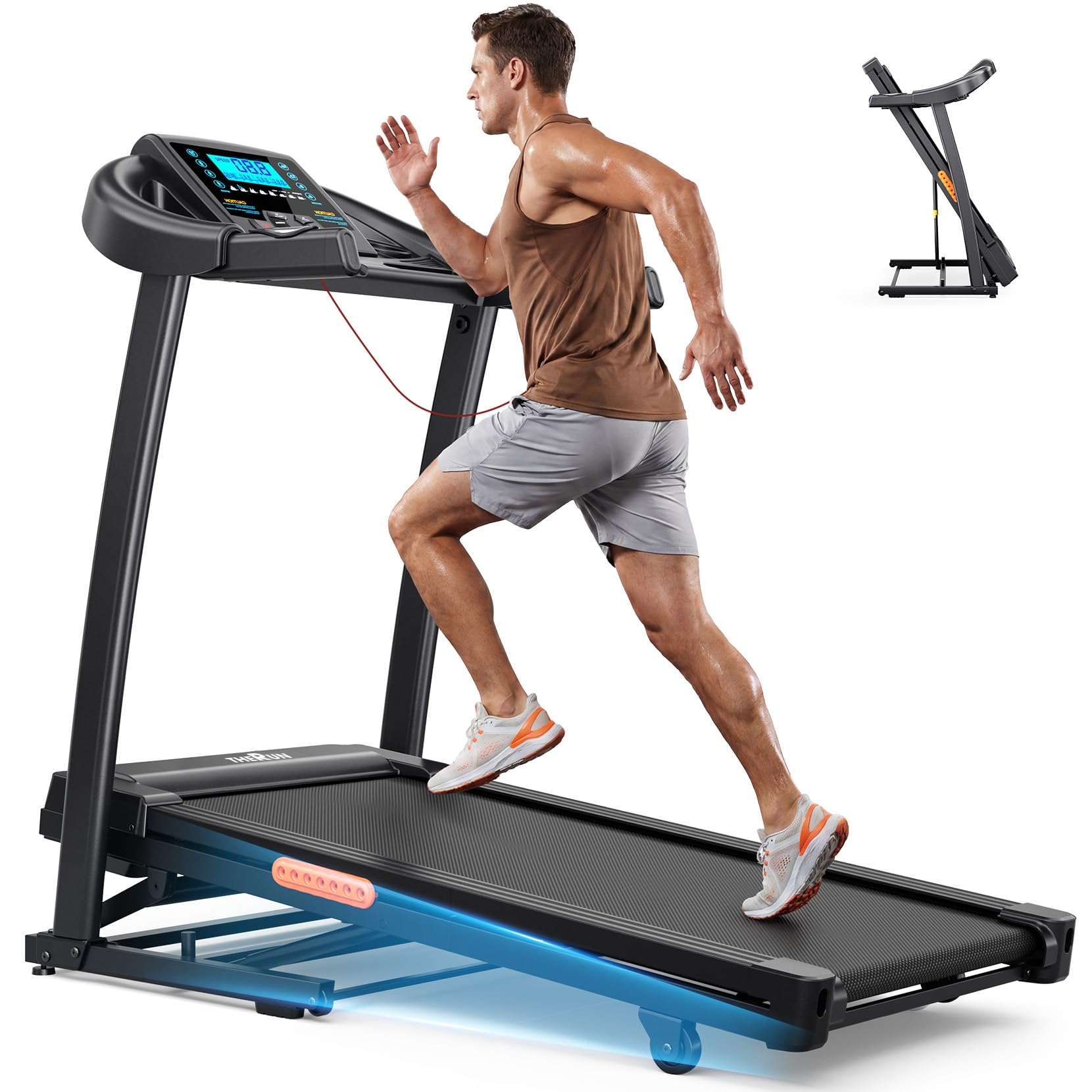 THERUN Auto Incline Treadmill in orange, with a large display and heart rate sensors