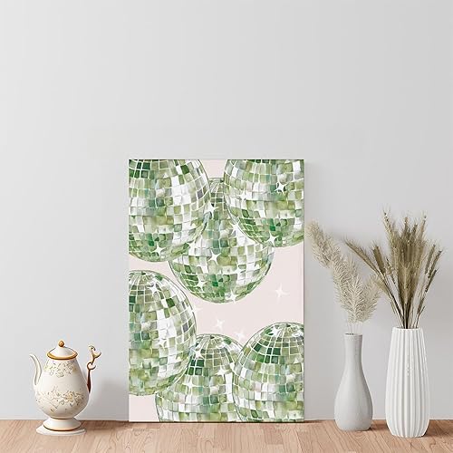 Miniatura 4 de 9W Impresión de bola de discoteca verde salvia, arte estético de pared de discoteca de los años 70, arte de pared de apartamento, póster verde