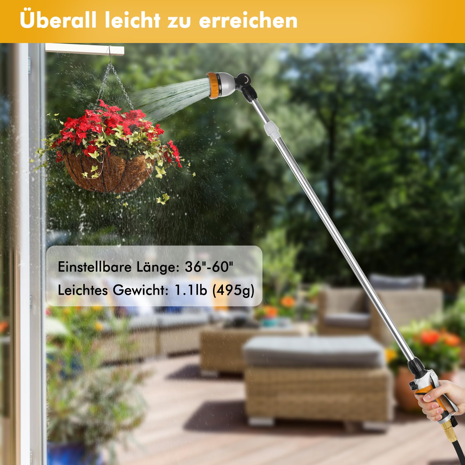 RESTMO Longue lance d'arrosage télescopique 92-152 cm, longue pomme de douche de jardin en métal avec tête pivotante à 180 ° | 7 modes de pulvérisation | Contrôle du débit | Baguette magique