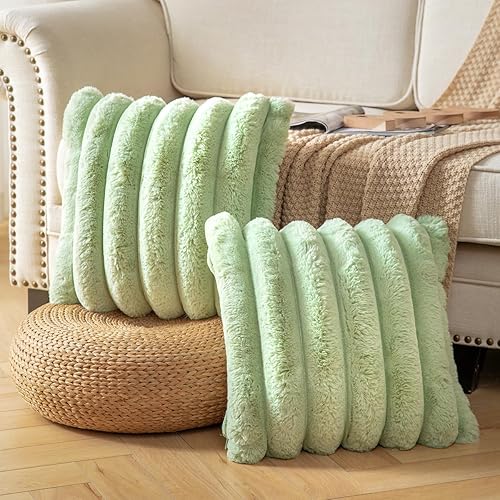 Miniatura 2 de Joyouth Juego de 2 fundas de almohada de felpa de piel sintética de 16 x 16 pulgadas, fundas de almohada decorativas de lujo, a rayas, suaves y