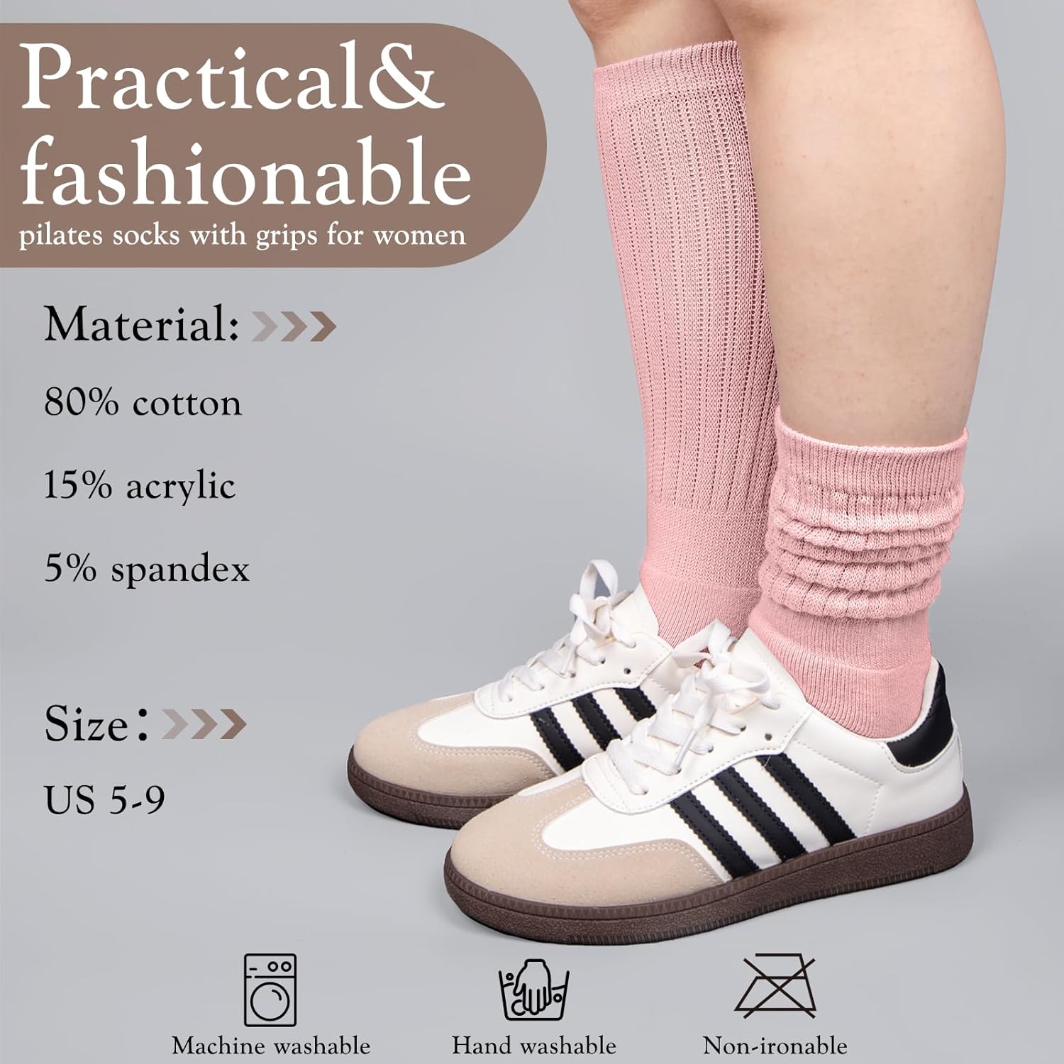 4 Pairs Grip Pilates Socks for Women Yoga Scrunch Slouch Non Slip Long Socks with Grippy Pilates Barre Workout Slipper 5-9 - Image 5