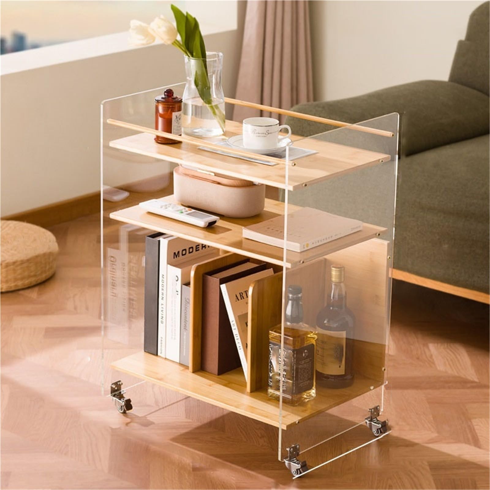 SXZenSpace Acrylic Sofa Side Table with Wheels Modern Coffee Storage Shelf Nightstand Snack Rack for Living Room ﻿ Solid Construction(Natural,50