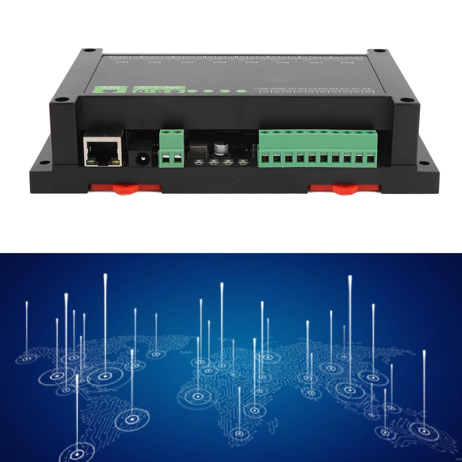 Modulo relè Ethernet 8CH per protocollo RTU, relè industriale alimentato PoE con isolamento tramite optoisolatore, custodia a montaggio su guida in ABS per sistemi di controllo del
