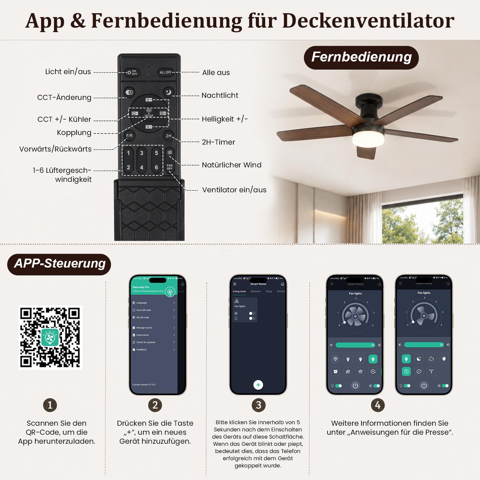 Smarter Deckenventilator mit Beleuchtung 106 cm, App & Fernbedienung, 3 Farbtemperaturen, 6 Stufen, Reversible Flügel, 30dB Leiser DC Motor DeckenleuchteDimmbare LED, für Schlafzimmer & Wohnzimmer