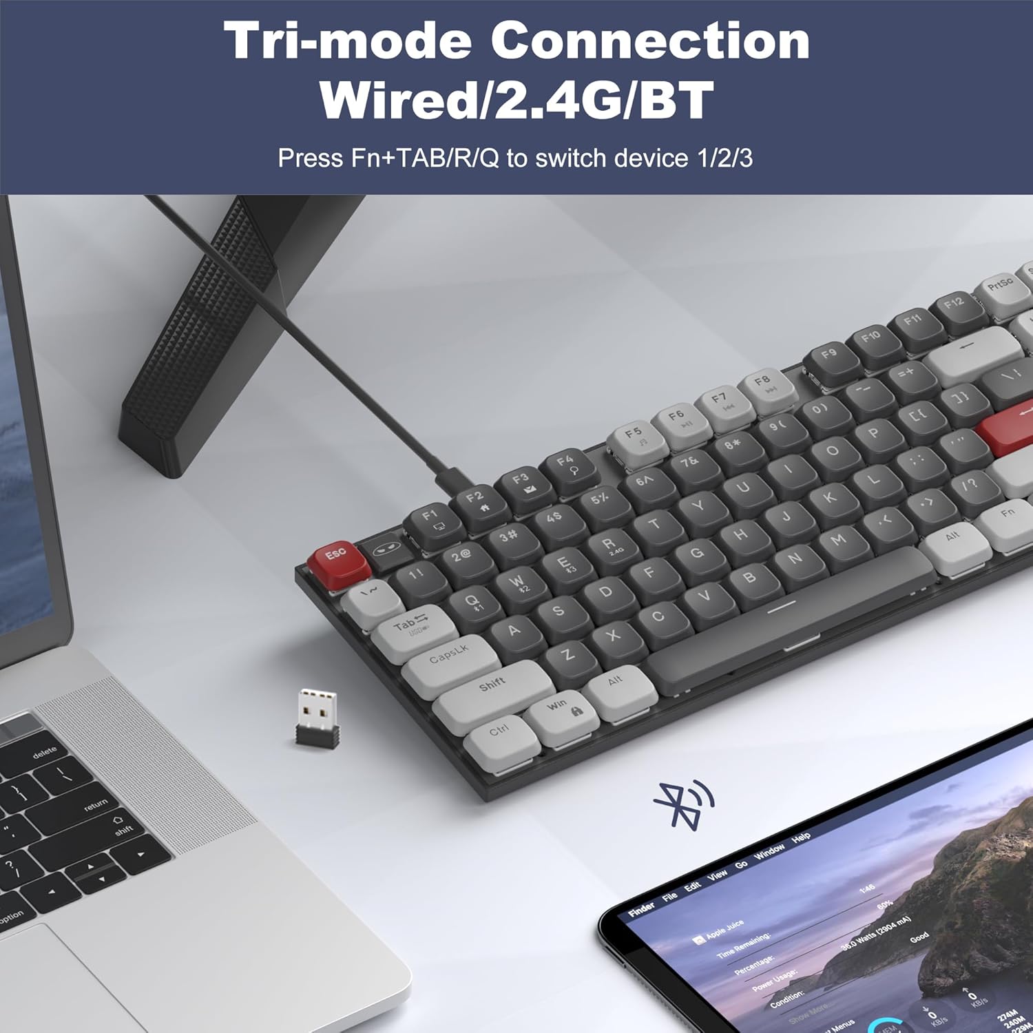 MageGee Moon104 keyboard connected via 2.4GHz wireless to a laptop, with a Bluetooth icon