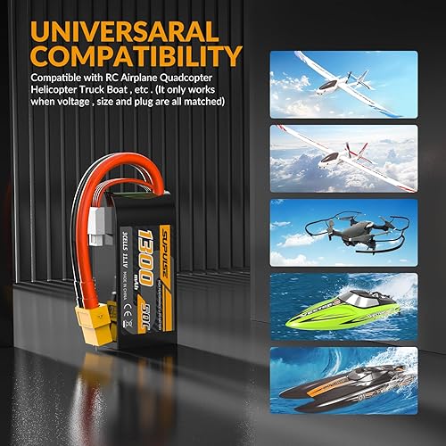 Miniatura 3 de SUPULSE Batería Lipo de 11.1 V 3S 50C 1300 mAh Batería suave con enchufe T y enchufe XT60 para avión RC, helicóptero, barco a control remoto, coche,