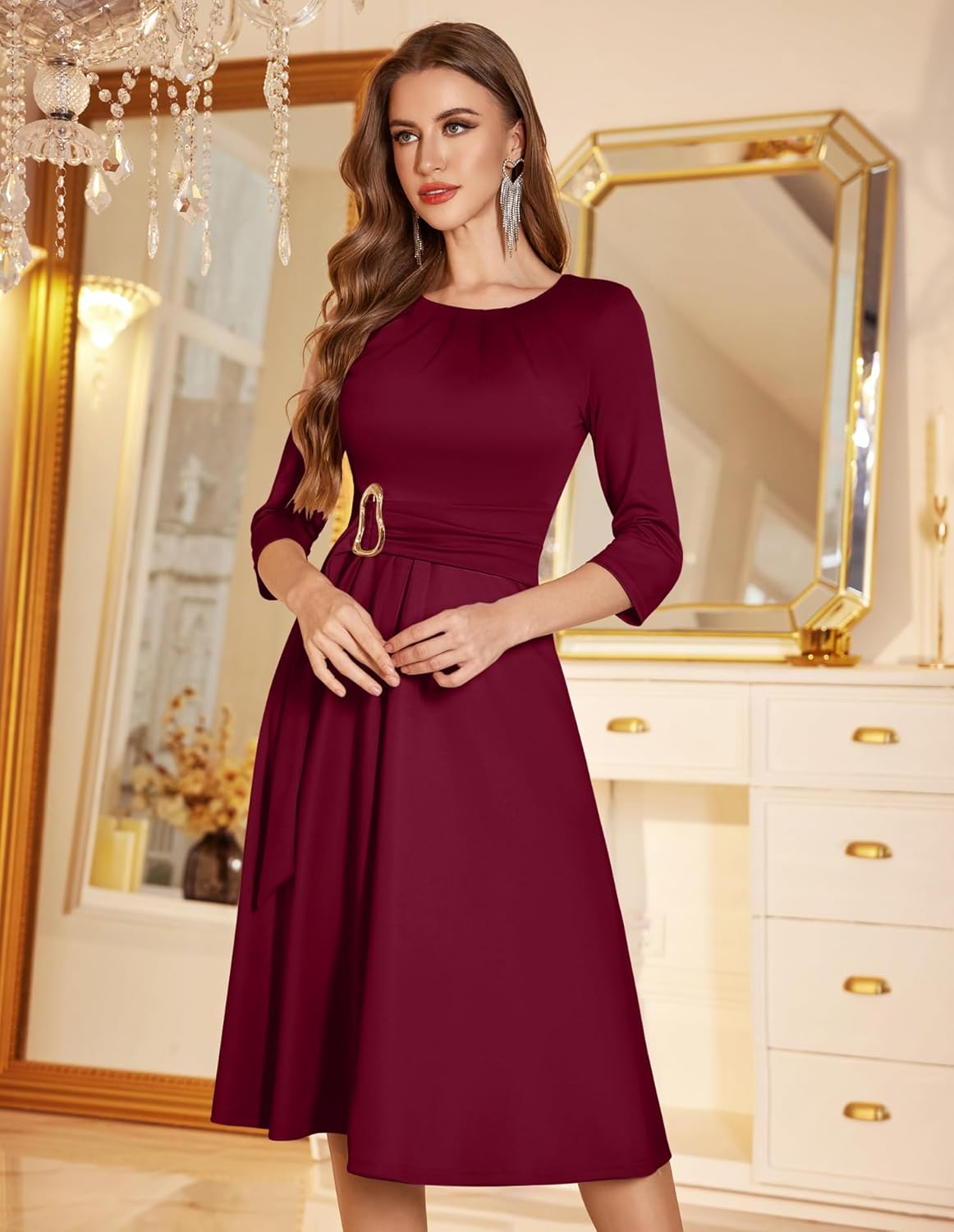 Dressystar Women's Wedding Guest Dress Spring A Line Midi Swing Long Sleeve Ruched Elegant Formal Cocktail Party Dresses 2026 - Image 4