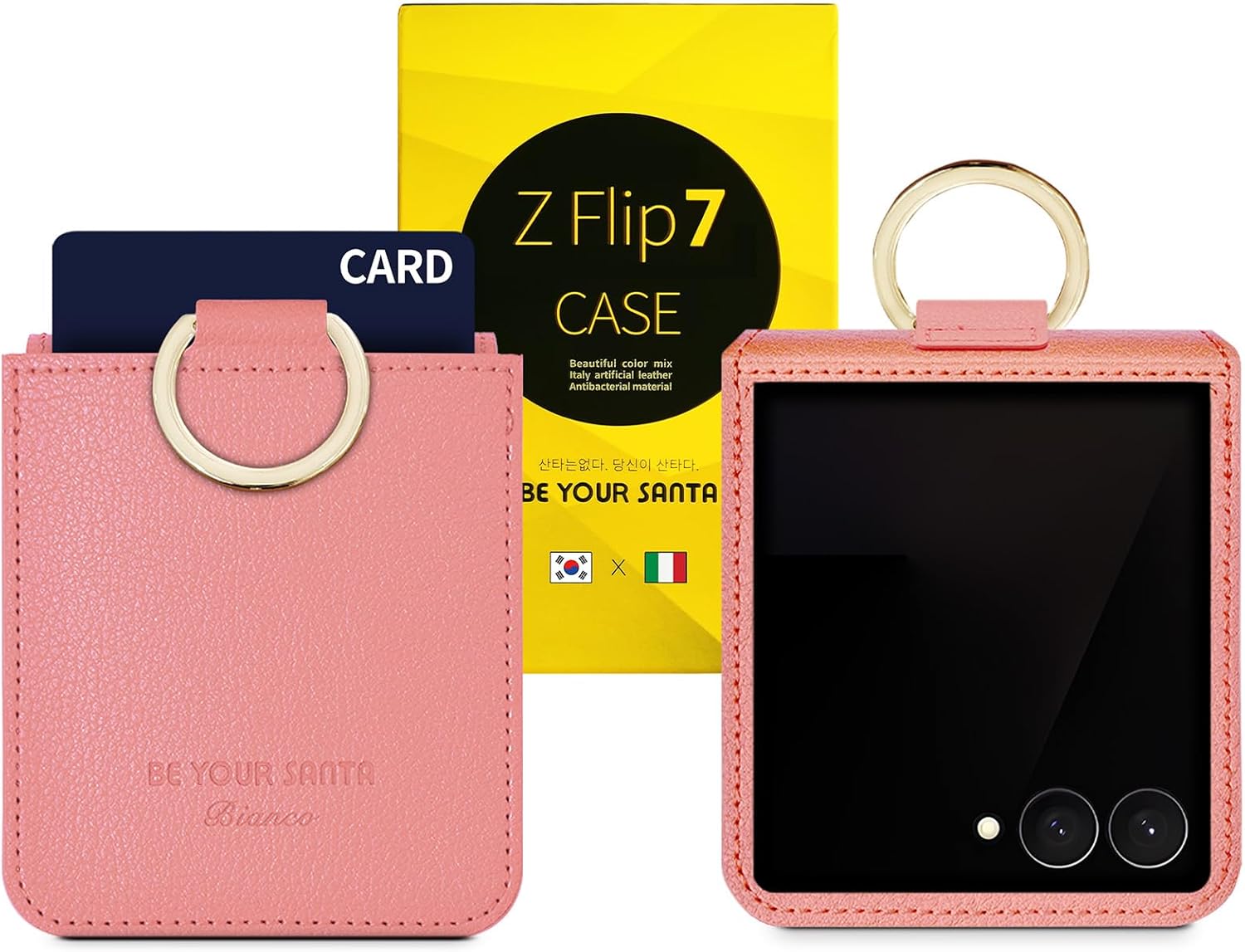 [BeYourSanta] Galaxy Z Flip 7 Case with Ring - Handmade Italian Vegan Leather Case with 1 Card Slot, Hinge Protection, Camera Cover, Wireless Charging, Made in Korea (Bianco, Coral Pink)