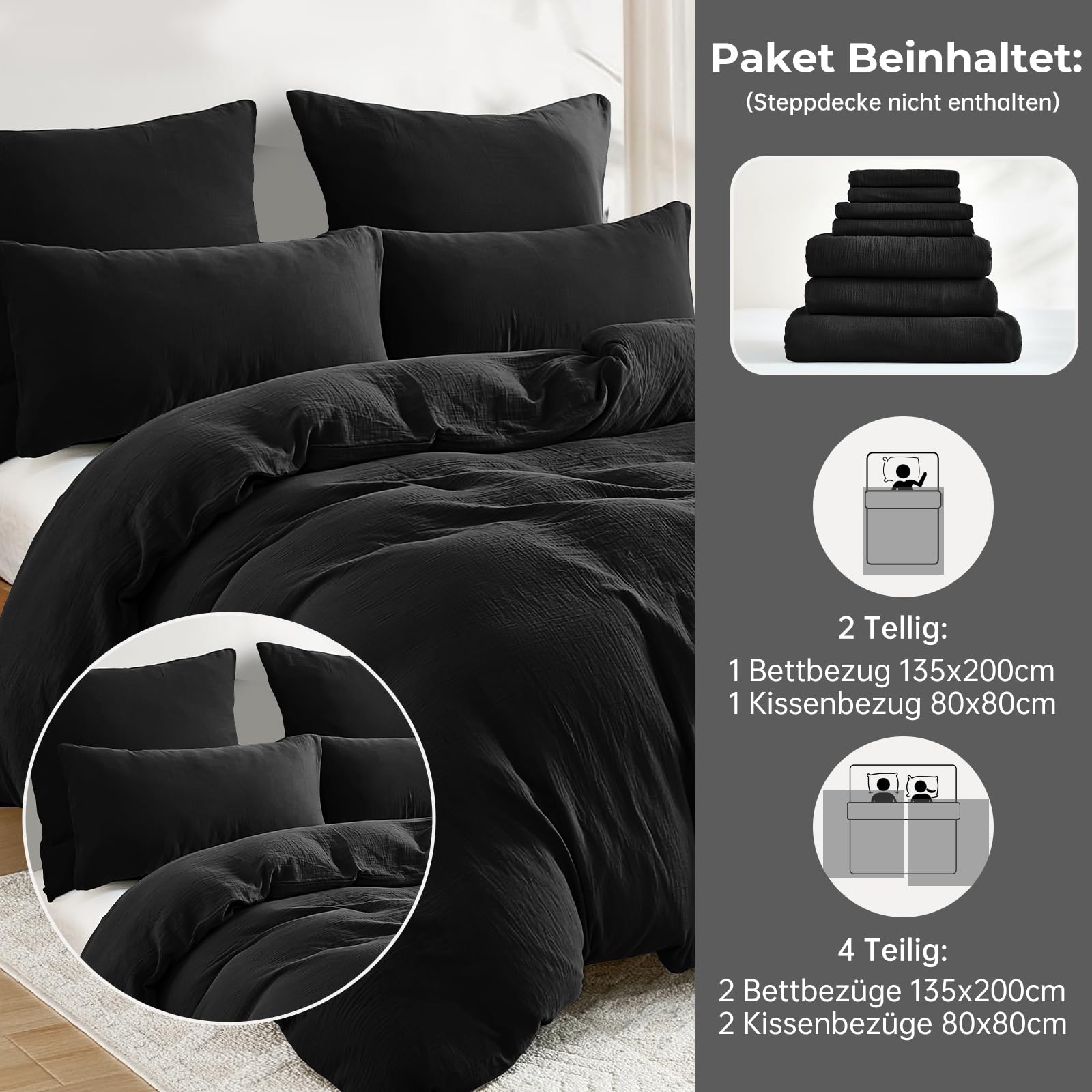 WONGS BEDDING Musselin Bettwäsche 135x200 Schwarz mit 80x80 Kissenbezug