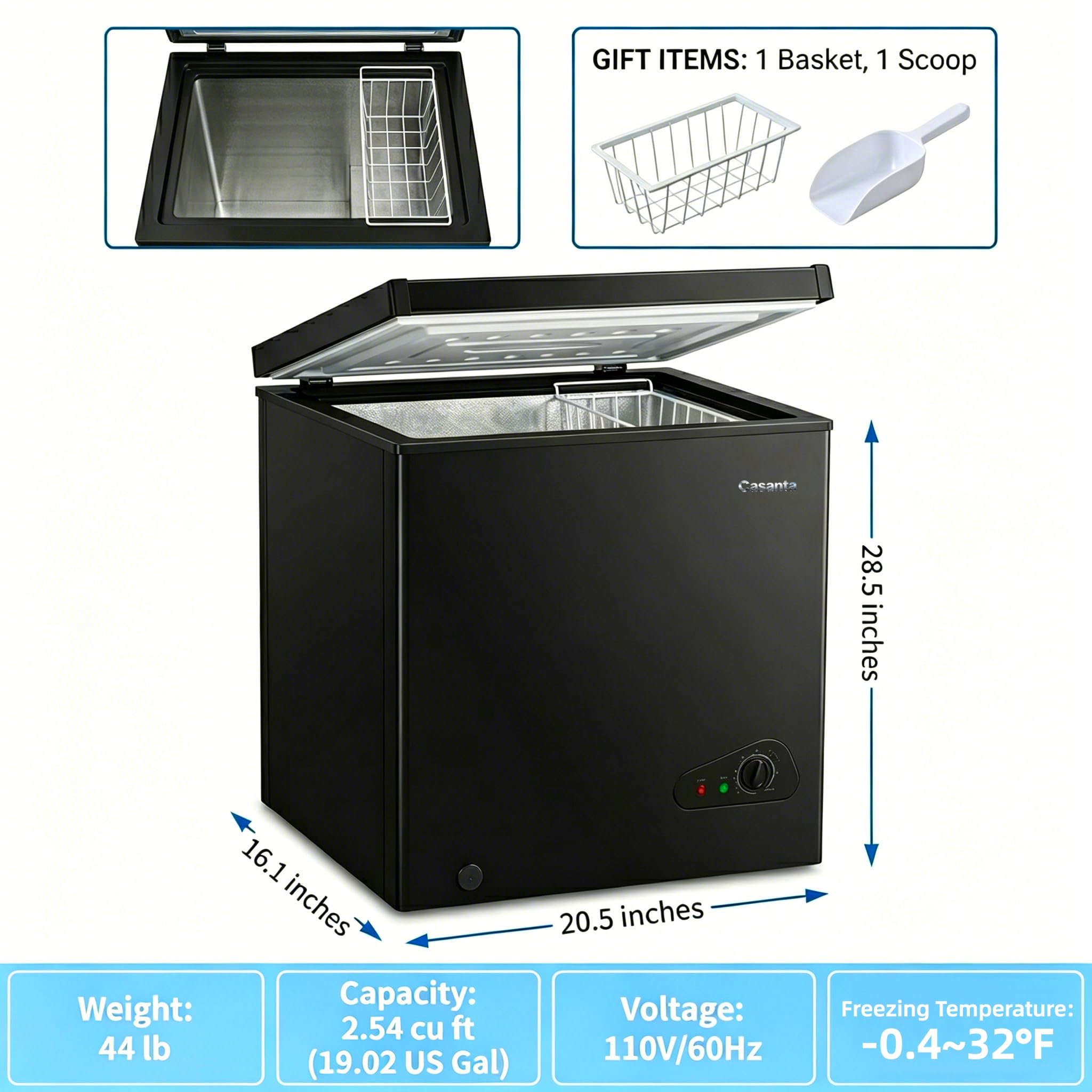 Casanta 2.54 Cu.Ft Compact Chest Freezer, Frozen Black Deep Freezer with Convertible Refrigerator/Freezer Modes, Small Freestanding Ice Box with Removable Basket for Office, Home, Garage, Dorm on Fridge.com