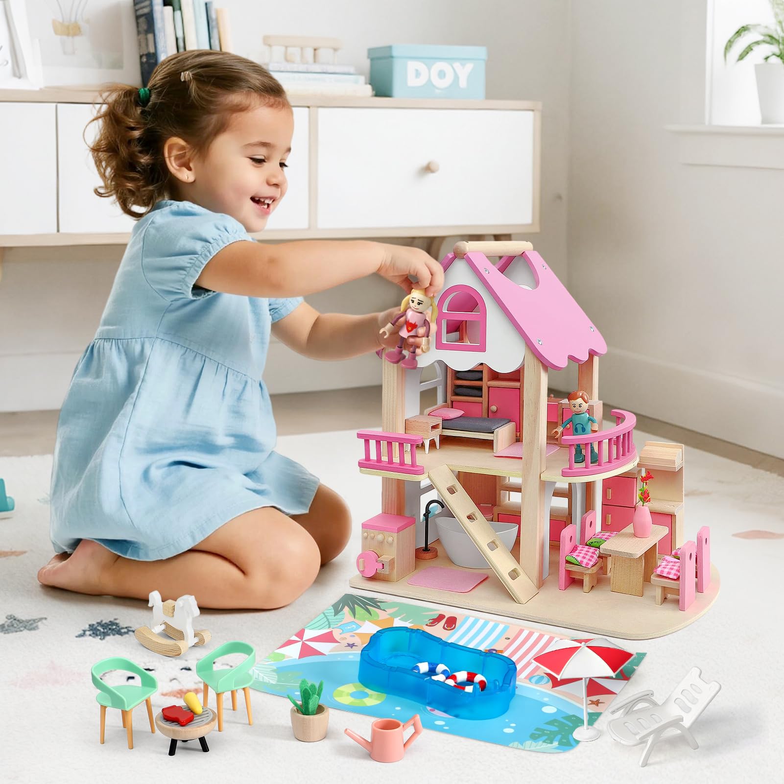 Atoylink Casa de Muñecas Madera con Conjunto Completo de Muebles y Accesorios, 2 Pisos Casita de Muñecas para Niñas con Dormitorio, Baño, Comedor, Piscina, Juguetes Madera Regalo para Niños 3+ Años