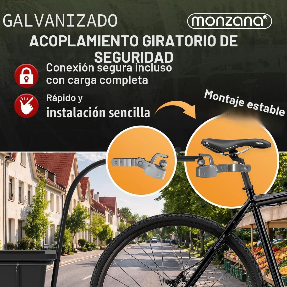 MONZANA® Remolque para Bicicleta 90L Carga 80Kg Incl.Acoplamiento Cesta extraíble Bici Lona Equipaje Compras