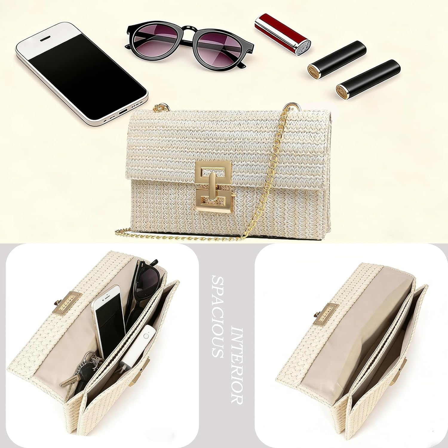 Women Straw Chain Clutch Purse with Fixed Adjustable Chain for Summer Beach Evening Vacation Party