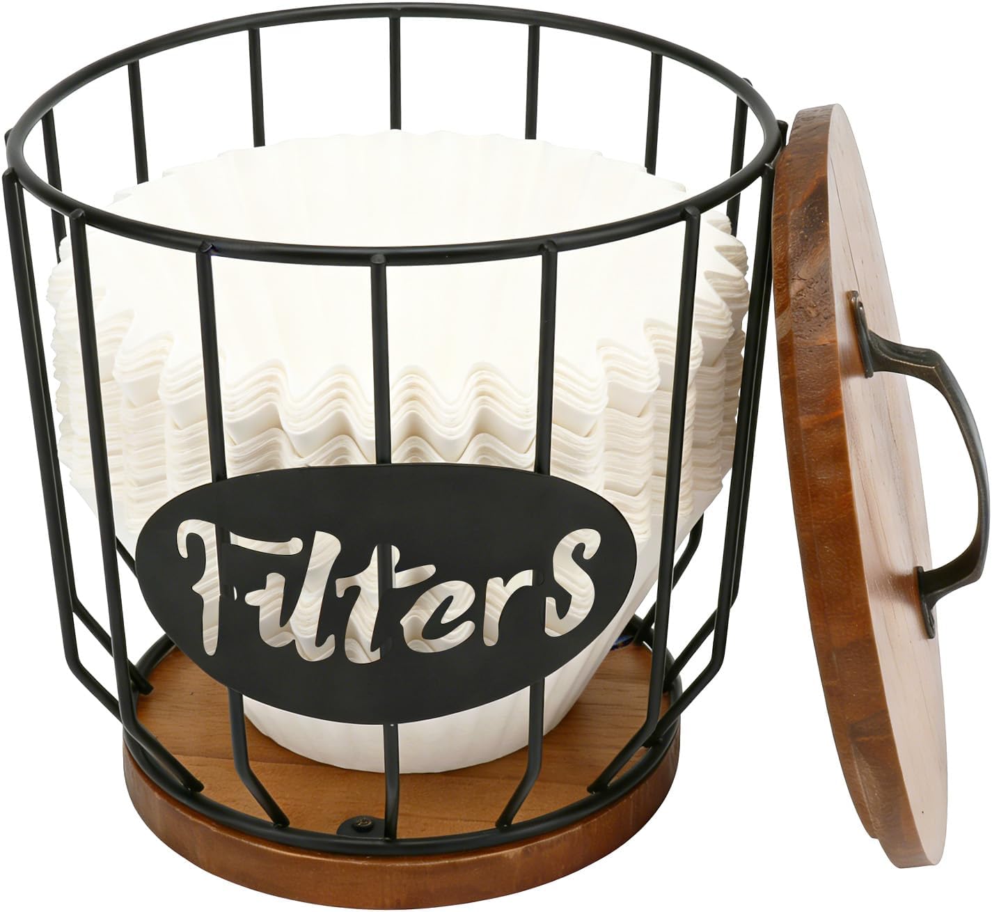 2 Pack (Large & Small) Coffee Filter Holder with Wood Lid - Large Capacity Black Wire Storage Canister Basket, Coffee Bar Accessories & Decor for Coffee Filters and K Cups Storage