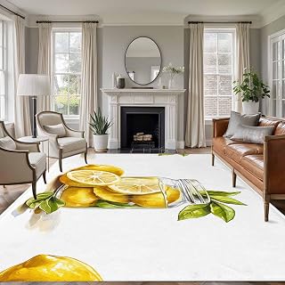 Summer Yellow Lemon Washable Living Room Rugs 8'x10', Fruits in Bottle Hand Painted Low Pile Throw Large Area Rug Non-Slip Sturdy Edge Binding Carpet for Bedroom Dining Room Office