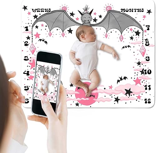 Miniatura 2 de SSCSTS BTDWSS177 - Manta de hitos de murciélago para niño o niña, fondo de fotografía de nube de luna rosa, tabla de crecimiento de edad mensual con