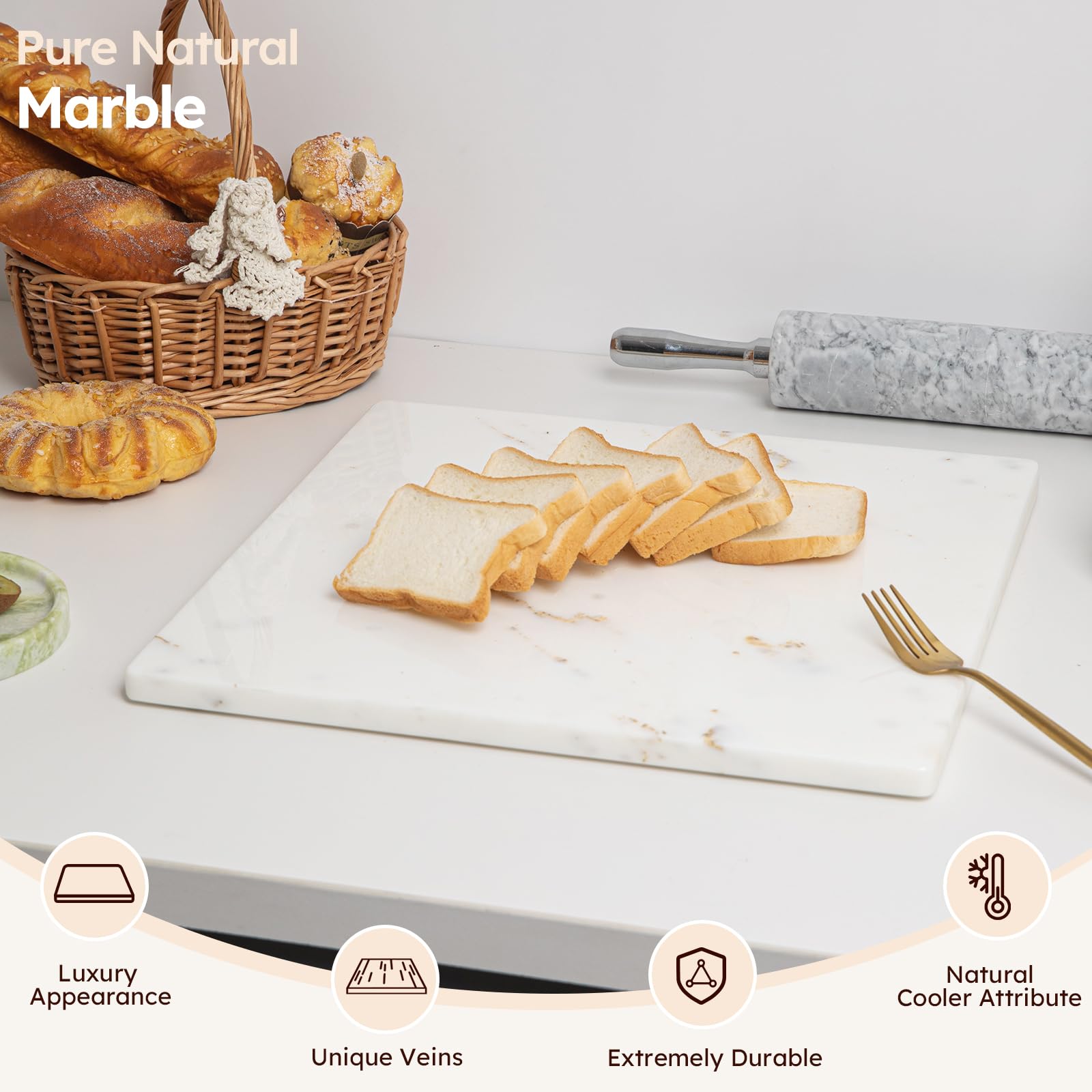 Diflart Schneidebrett aus natürlichem Marmorstein, für Küche, 40,6 x 40,6 cm, Weiß mit goldenen Adern, Marmorplatte, Gebäckbrett, groß mit rutschfesten Füßen für Käse, Wurst, Teig, Schokolade, 1 Stück