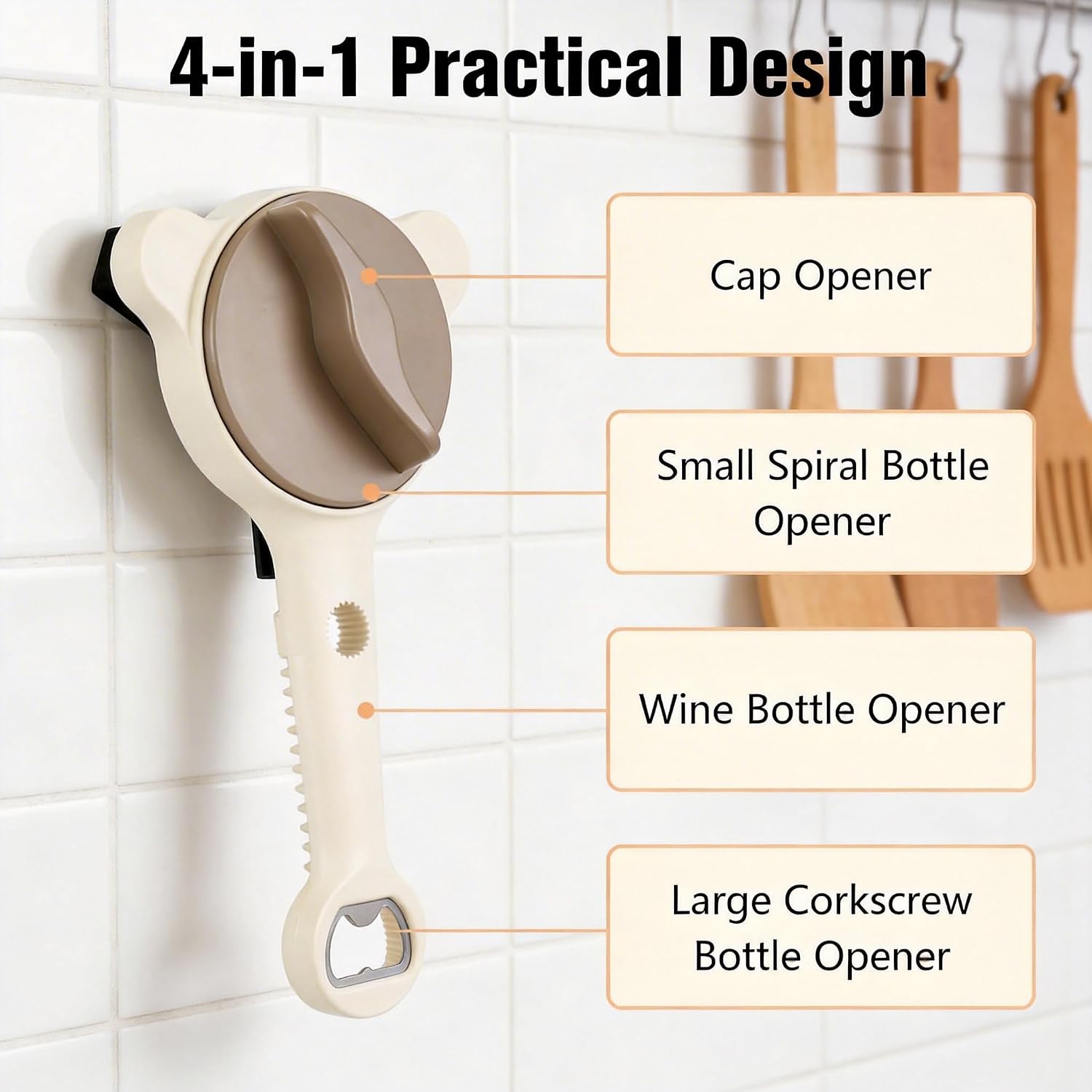 4-in-1 Multi-Use Jar Opener, Magnetic Stainless Steel Can Opener with Non-Slip Ergonomic Handle, Multi-Size Lid Opener for Jars, Cans and Wine Bottles, Handy Kitchen Helper for Home (Black)