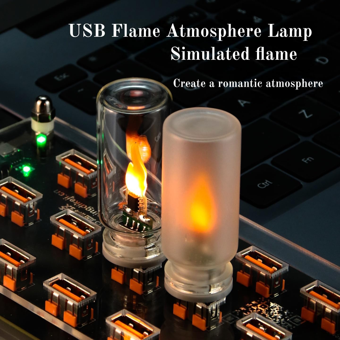 4PCS Mini USB Car Atmosphere Lights, Transparent & Frosted Shell Bottle Night Lights, Touch Control Candle Flame Ambient Lamp for Vehicle Holiday Party Camping Bedroom Decor.