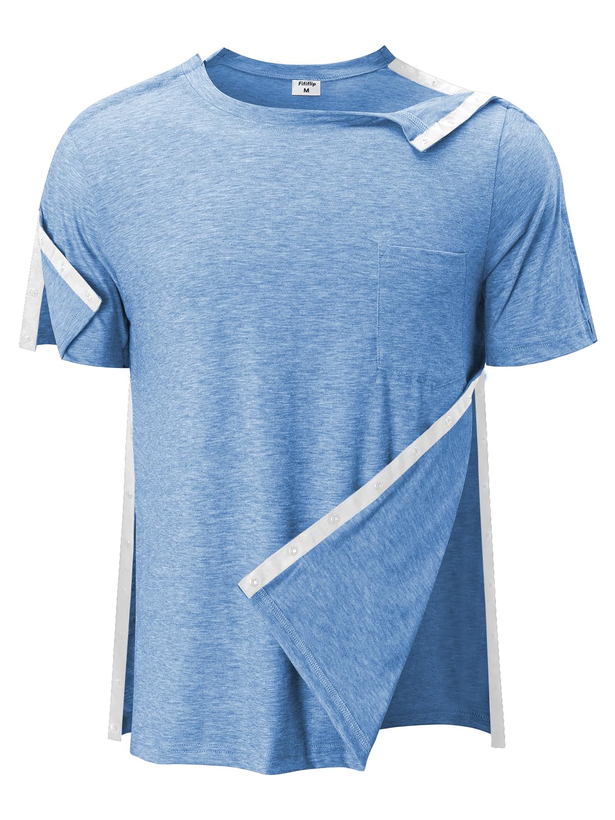 Post Shoulder Surgery Shirts for Men Tear Away Recovery Short Sleeve Full Open Side Snap Chemo Adaptive Shirt