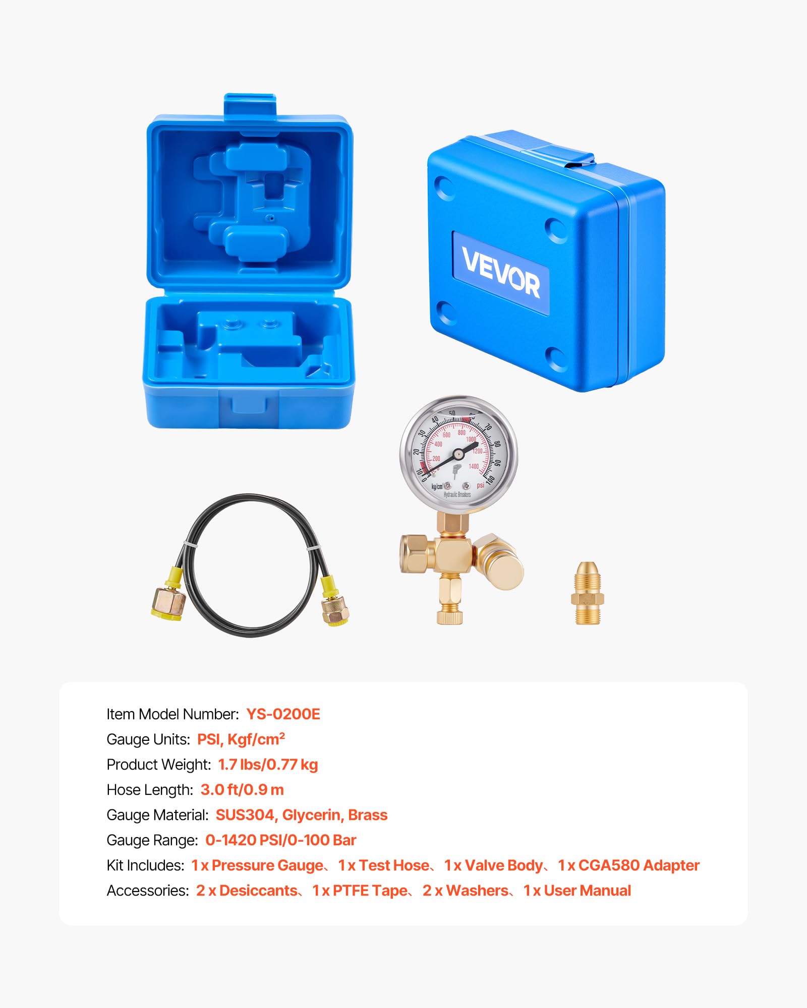 VEVOR Kit de Gonflage d'Accumulateur d'Azote Hydraulique 0-1420 PSI, Coffret Test de Pression avec 1 Manomètre, 1 Tuyau de Gaz, 1 Corps de Vanne et 1 Adaptateur CGA580, pour Construction Chantier