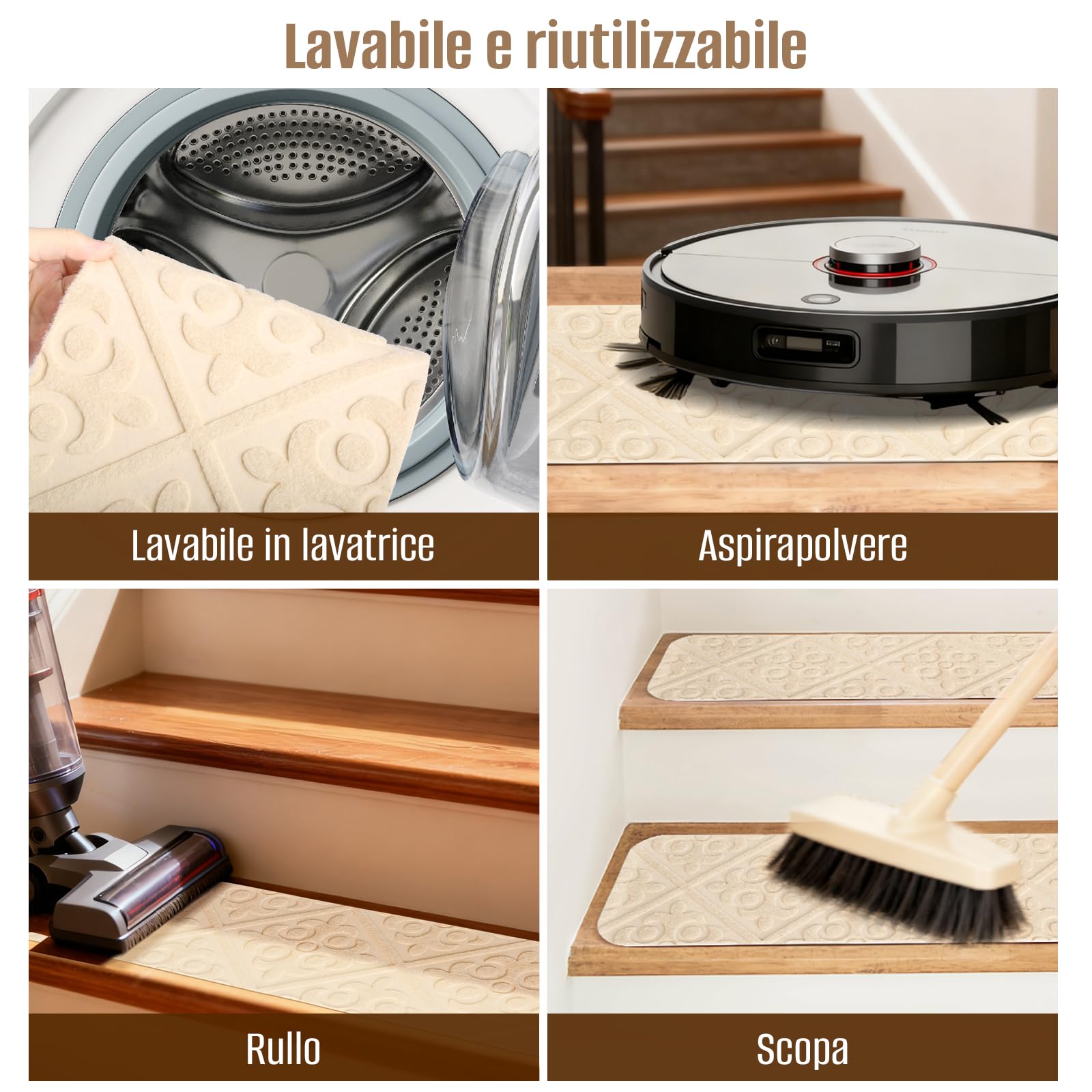 Tappetini per gradini, autoadesivi, antiscivolo, per scale, 15 pezzi, 76 x 20 cm, per interni, ideali per bambini, anziani e animali domestici (fiori quadrati)