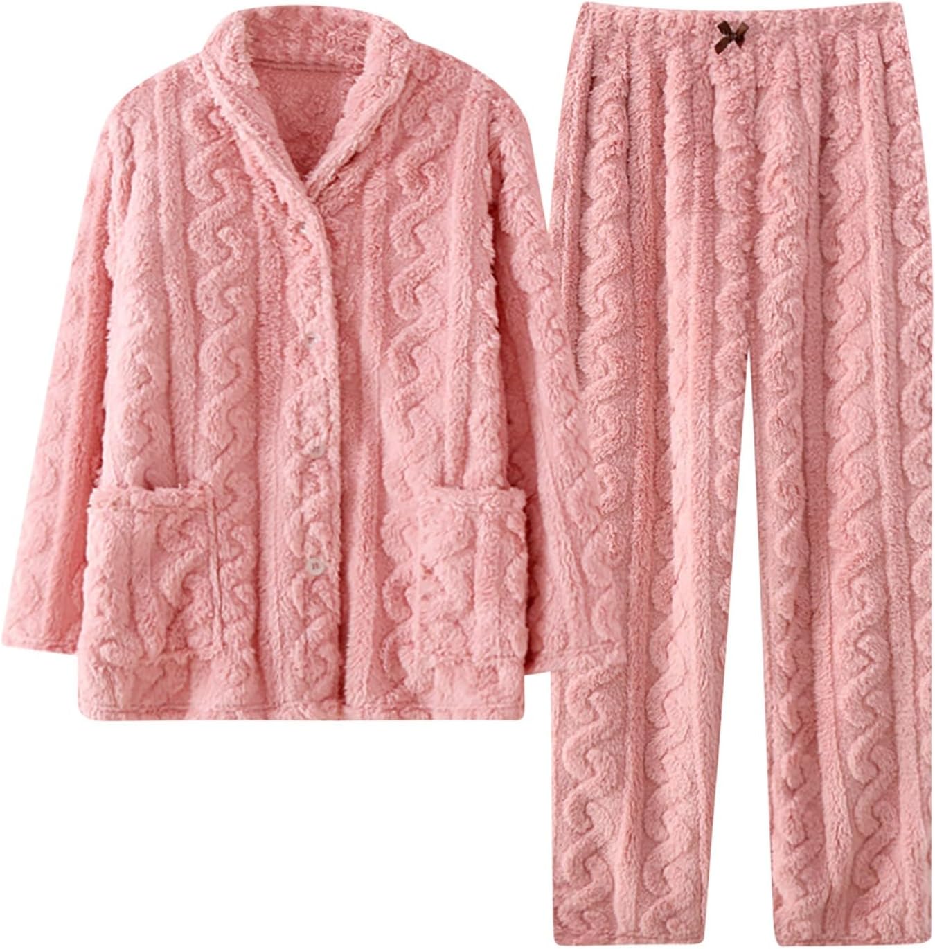 Mzkdieey Women's Plush Fleece Pajama Set Soft Comfy Jacquard Sleepwear Winter Warm Loungewear Nightgown 2 Piece Pjs Set