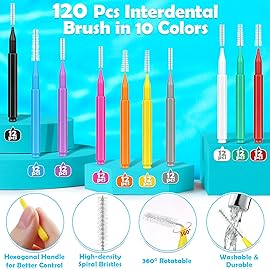 Modacraft 120Pcs Interdental Brush 6 Sizes Braces Brush Toothpicks with Soft Bristles 360 Bendable Floss Heads Dental Brushes Between Teeth Gum Braces Cleaning Kit Oral Tooth Cleaning Tool