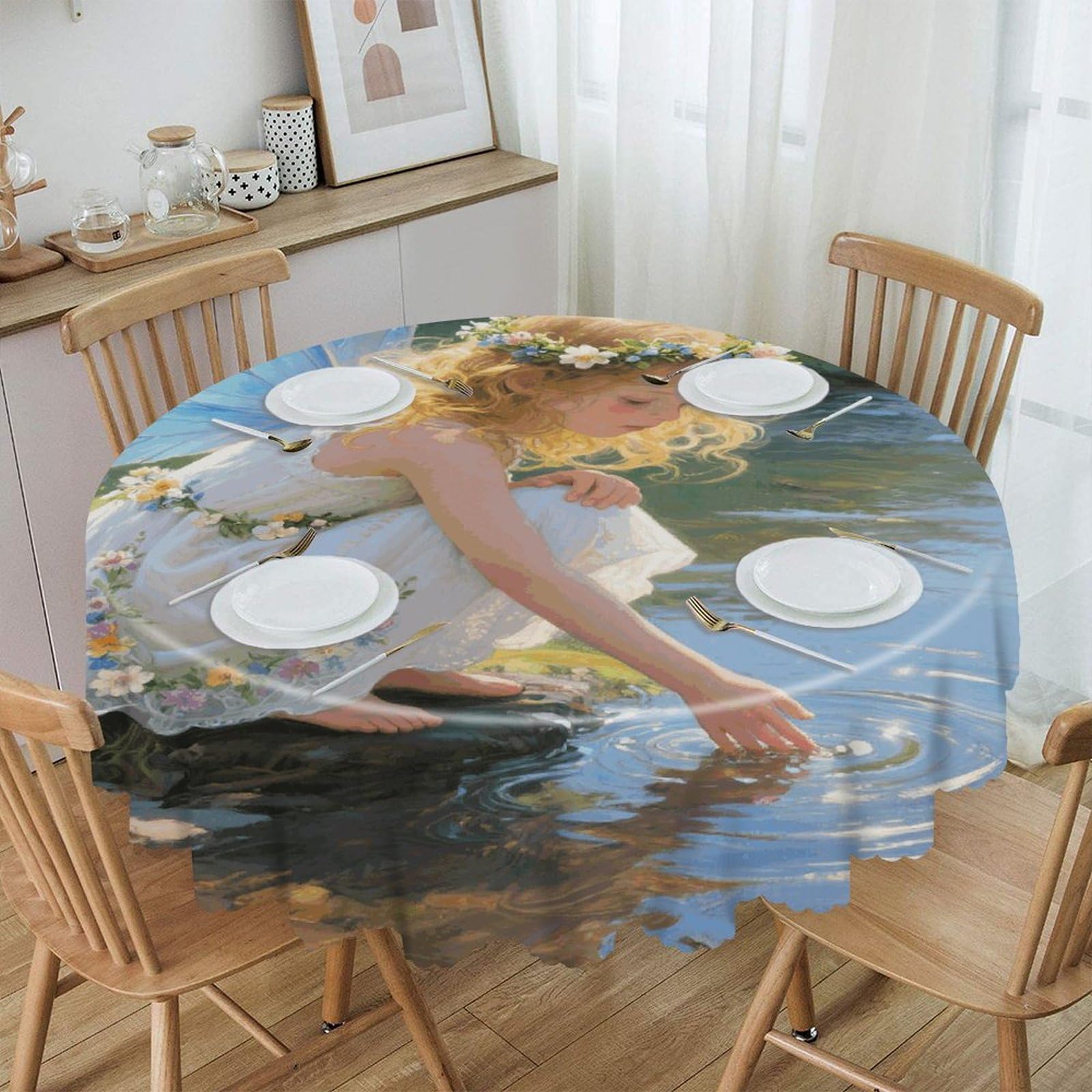 VstaDank Stream Water Flower Fairy Round Tablecloth Wipeable Round Polyester Tablecloth Waterproof Wrinkle Free Indoor and Outdoor Table Cover 60 Inch Decorative Farmhouse Table Cloth for Dining