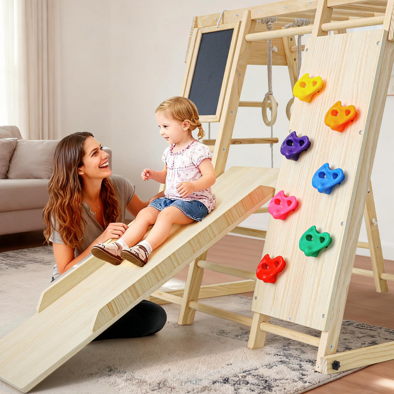 Maxi Klettergerüst Indoor, 10 in 1 Multifunktional Klettergerüst für Kinder, Montessori Indoor-Spielplatz mit Tafel, Rutsche, Schaukel, Kletterwand, Kletterdreieck, Klappbarer Spielturm Natur