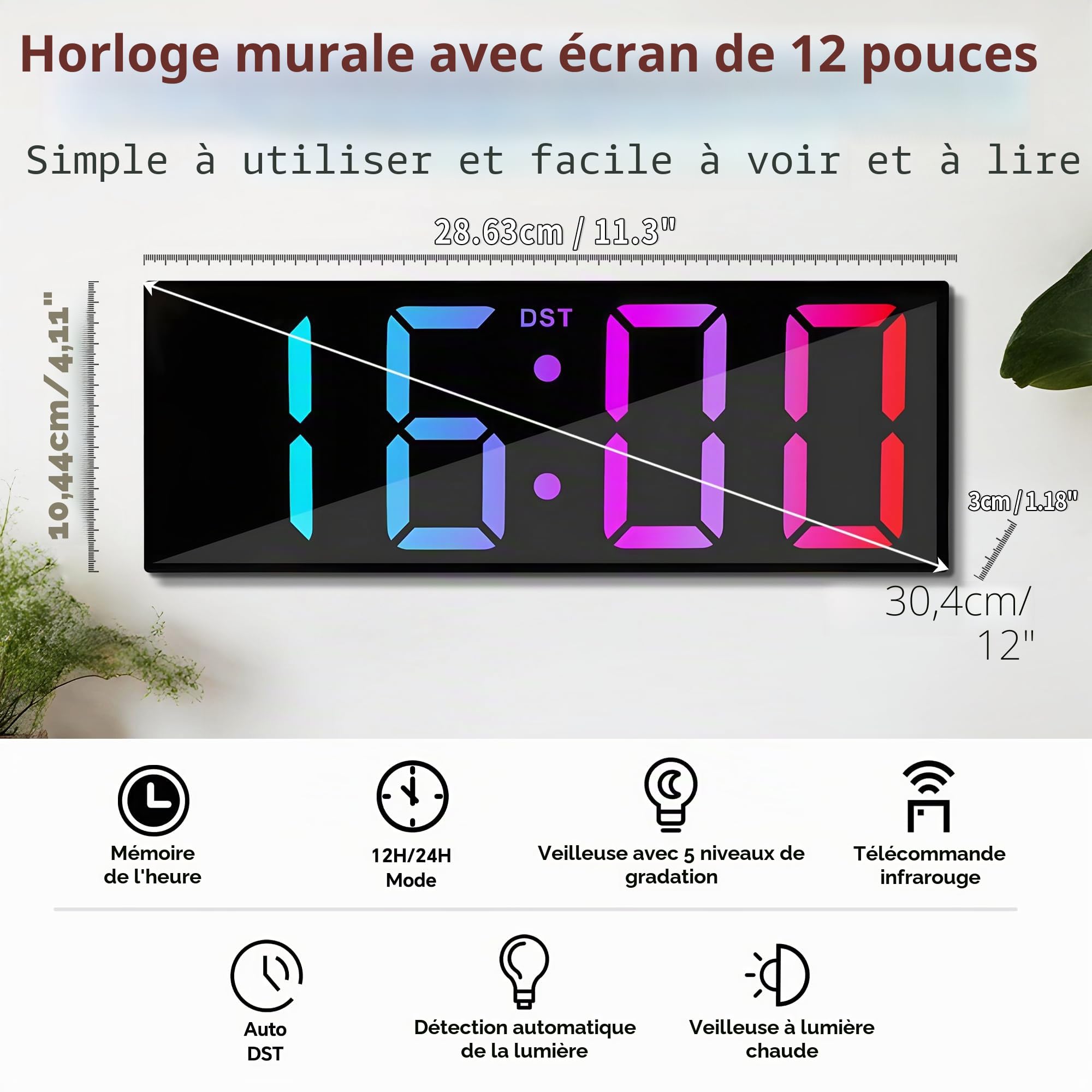 Maxstar12''Grande horloge murale numérique avec télécommande,grand écran d'écran LED,8RVB,DST,décor de bureau de lumière de nuit moderne pour le salon,chambre,bureau,salle de classe,salle d'étude-noir