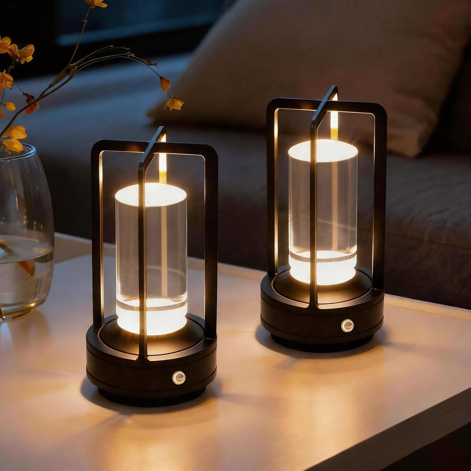 Paquete de 2 lámparas de mesa recargables inalámbricas, 3 colores, atenuación continua de cristal para comedor, sala de estar, bar, cafetería, restaurante, patio, camping (negro)