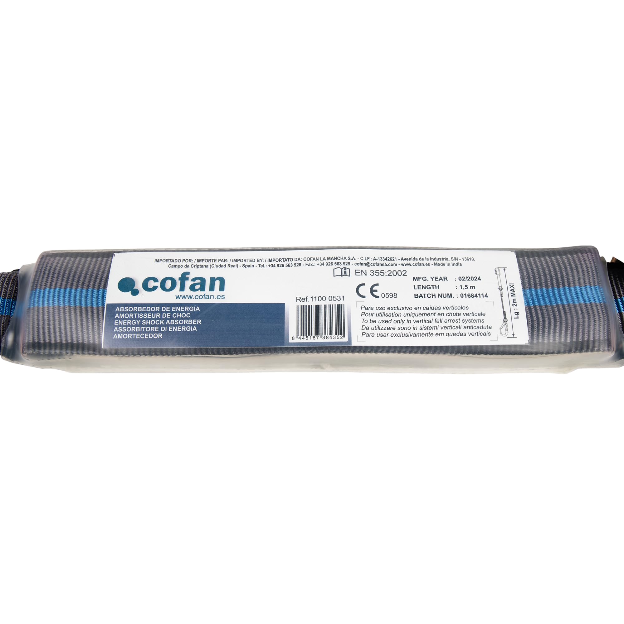 Cofan Abgegabelte Sicherheitsschlinge mit Energieabsorber, Stahlverbinder, Länge: 1,5 m, entspricht EN 355:2002