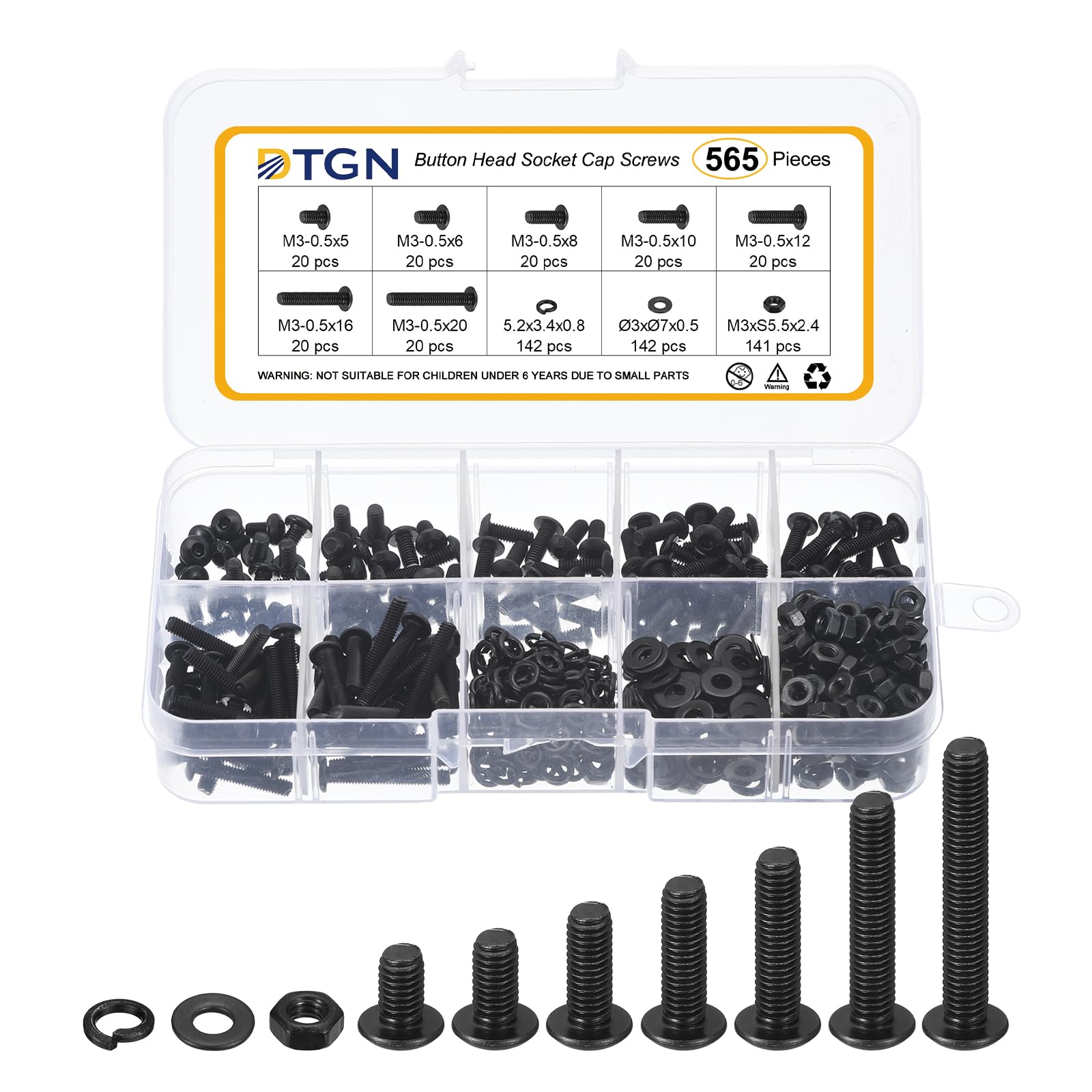 DTGN 565Pcs M3-0.5x5/6/8/10/12/16/20mm Button Head Socket Cap Screws - Carbon Steel Bolt Nut Set Washer Assortment Kit - Good for Road Bicycle, Mountain Bike, Auto โ image 1