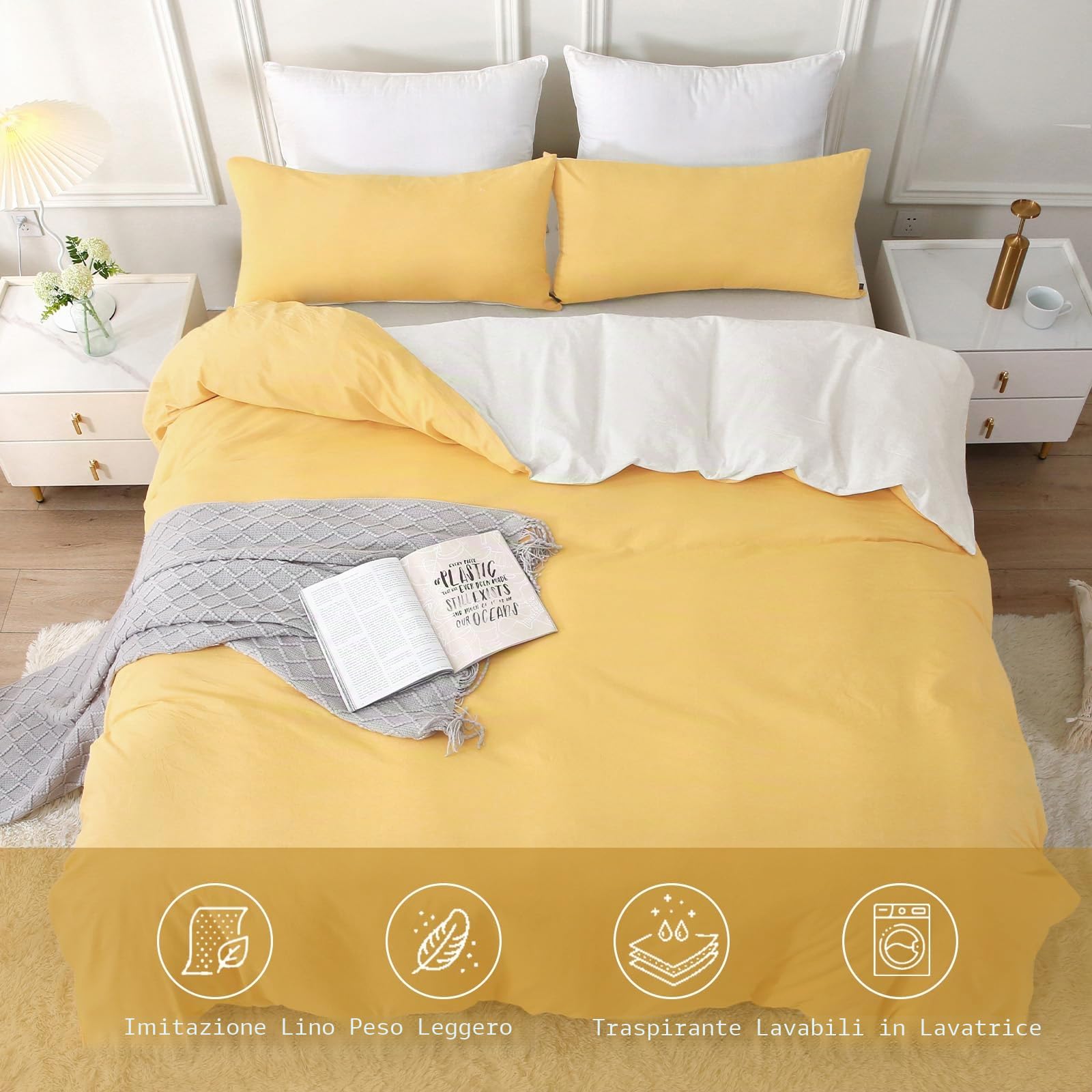 MILDLY Copripiumino 220 x 240 cm, 100% cotone lavato, certificato Oeko-TEX, set copripiumino giallo con chiusura lampo, biancheria da letto matrimoniale 220 x 240 cm, adulto con 2 federe 65 x 65 cm