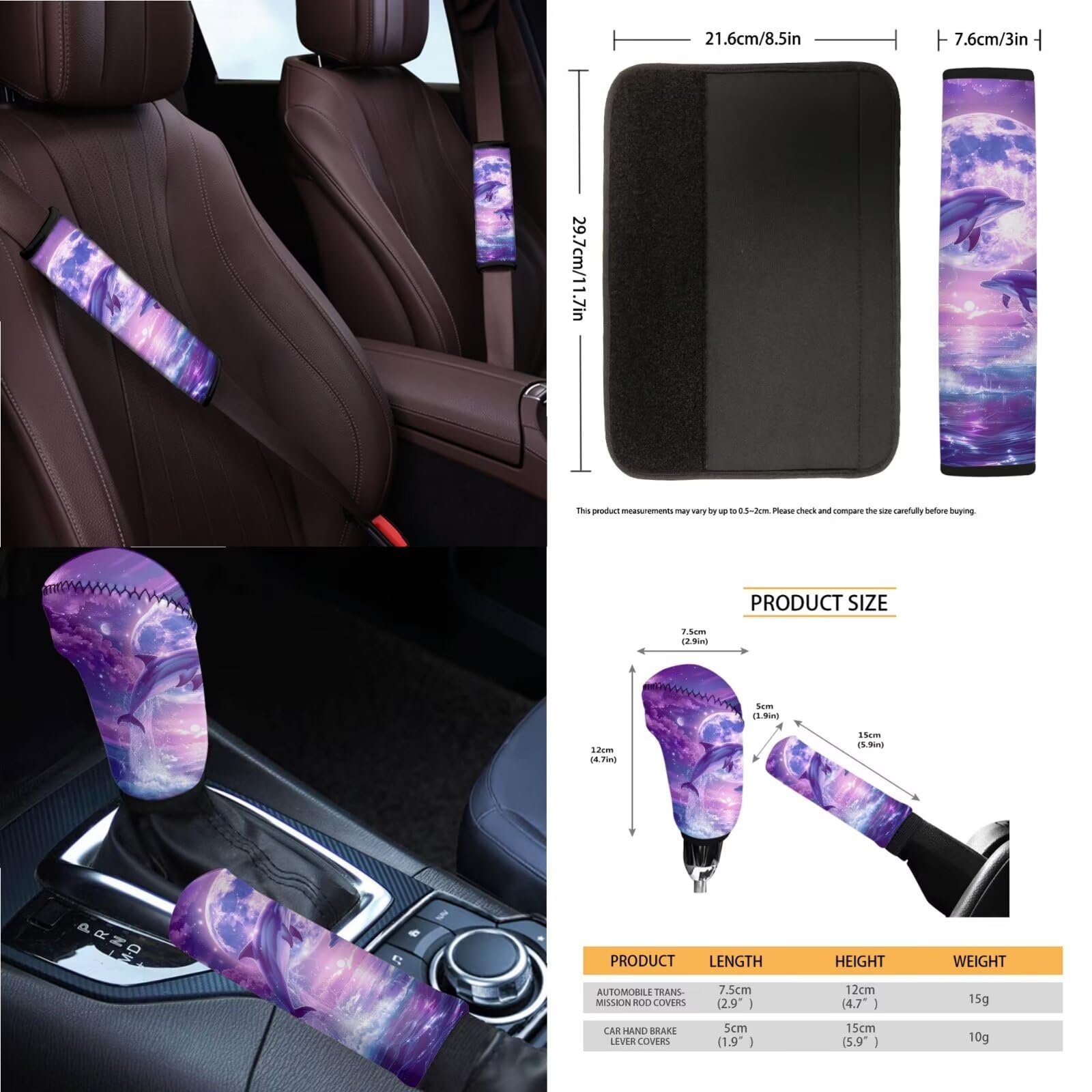 Set di coprisedili per auto con stampa delfino e luna, include coprisedili anteriori e posteriori, coprivolante, bracciolo, cuscinetti per cinture di sicurezza, specchietto retrovisore e