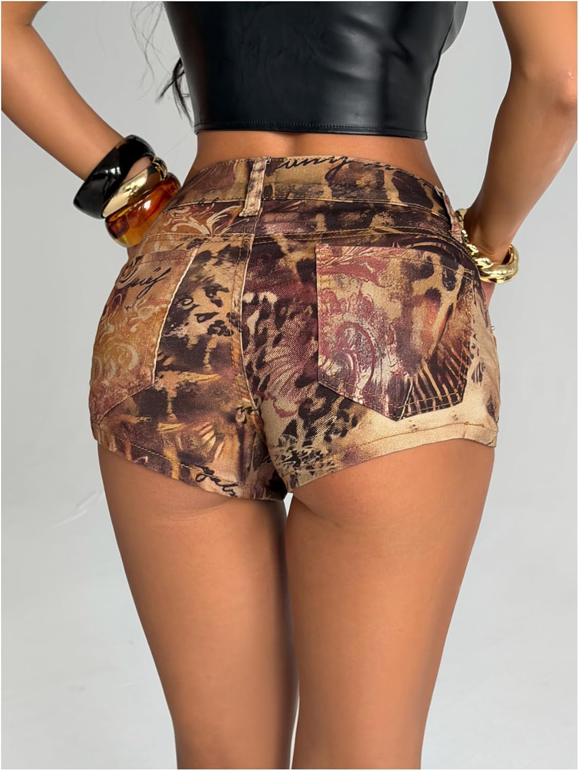 Milumia Women's Leopard Printed Denim Shorts Vintage Low Waisted Skinny Mini Shorts Western Outfit - Image 2