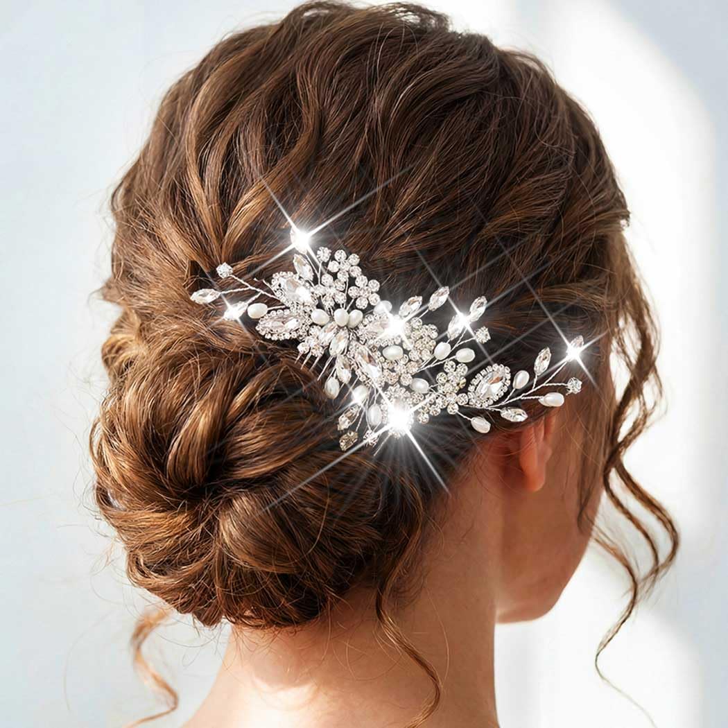 Catery Rhinestone Bridal Hair Comb Wedding Pieces for Brides (Silver) | Crystal Hair Combs Pearl Side Clips Headpiece Hair Accessories for Bridesmaid Mother of Brides Sparkly Lightweight