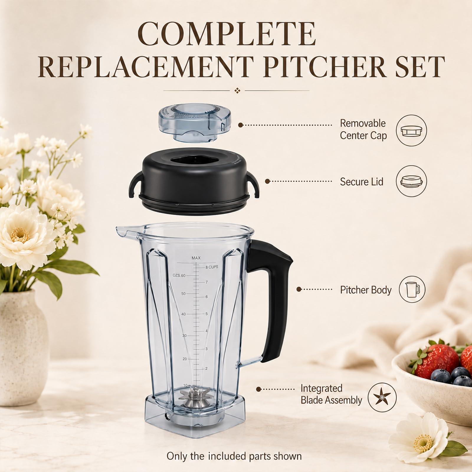 Recipiente de repuesto para jarra de licuadora de 64 onzas compatible con Vitamix 5200, 5300, 6300, 7500, E310, E320, VM0101, VM0103 Classic & Explorian Series, tarro sin BPA con tapa