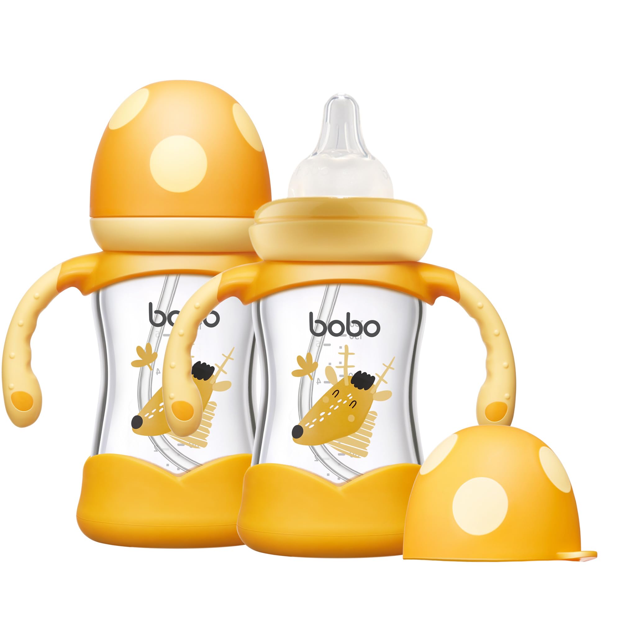YOHKOH Natural Glass Baby Bottle with Natural Response Nipple, Wide Neck Baby Bottles with Handle, Newborn Anti-Colic Baby Bottles Gift Set, Clear (