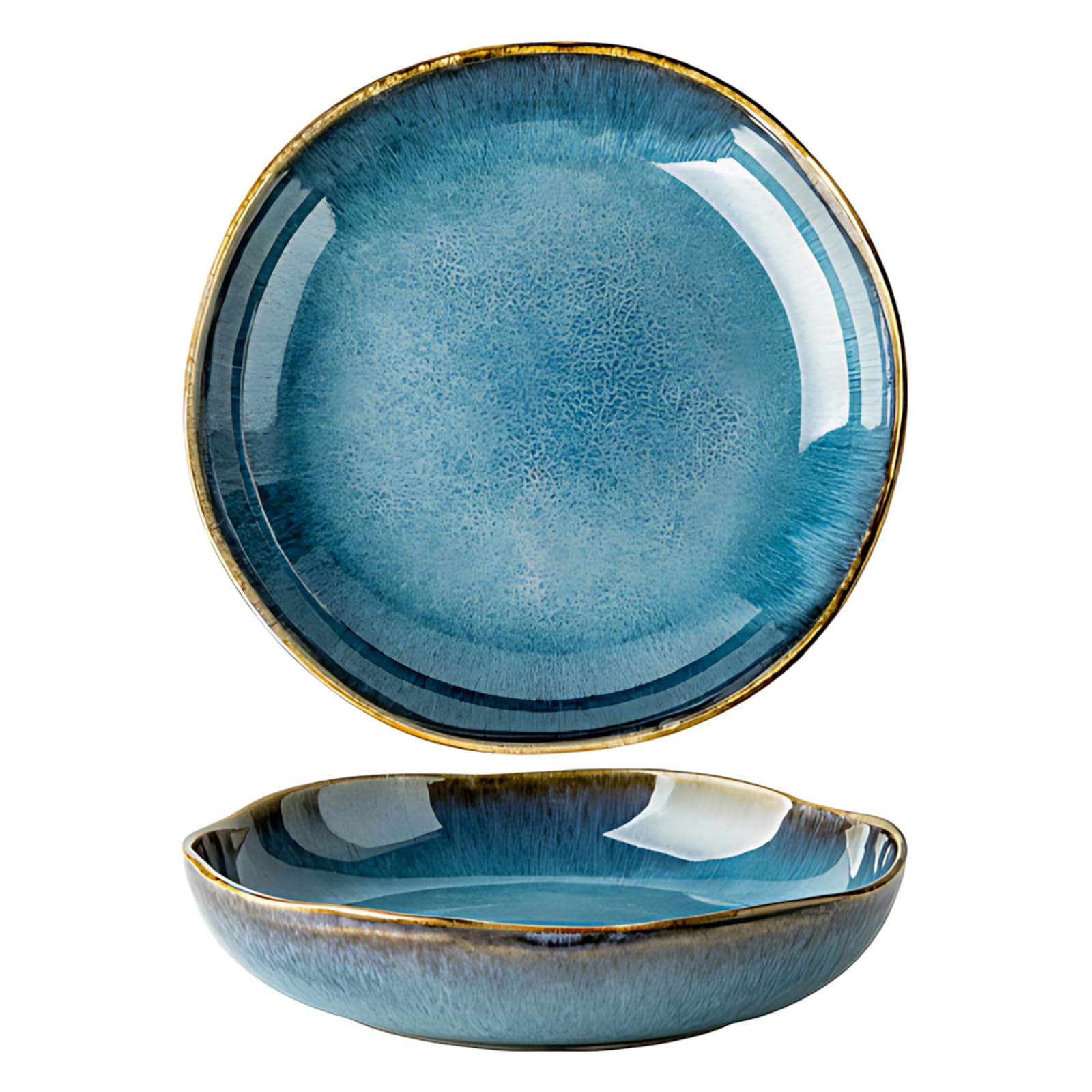 Assiettes à Salade En Céramique, Assiettes à Dessert Irrégulières en Porcelaine Bleue, Assiettes à Salade Et à Pâtes Allant au Micro-Ondes et au Lave-Vaisselle (Azuré)