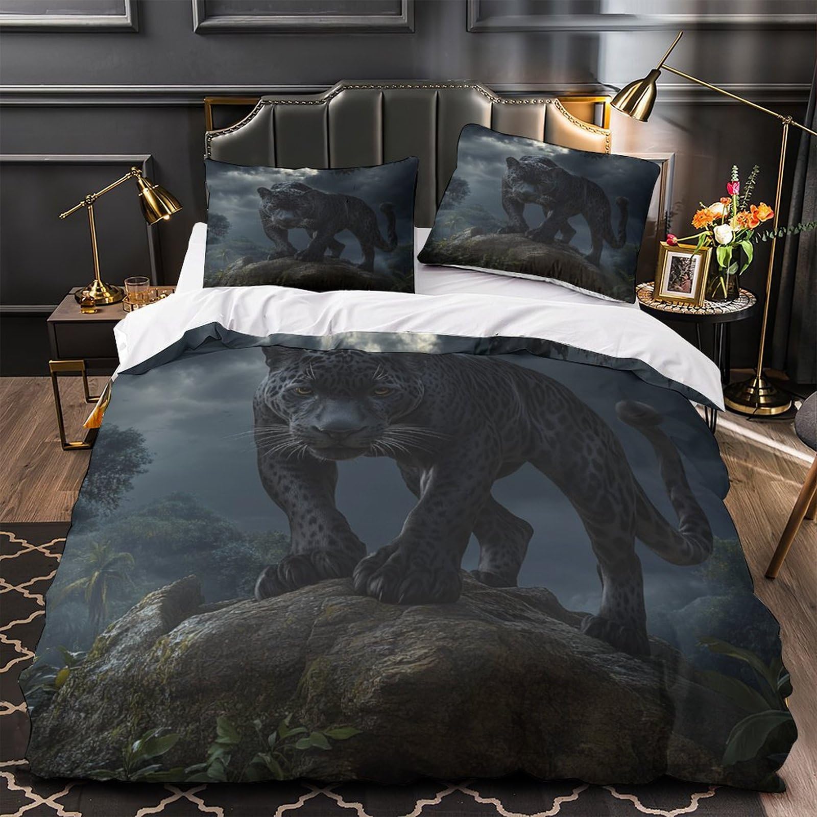 Parure de lit panthère noire pour chambre de couple moderne 220x240
