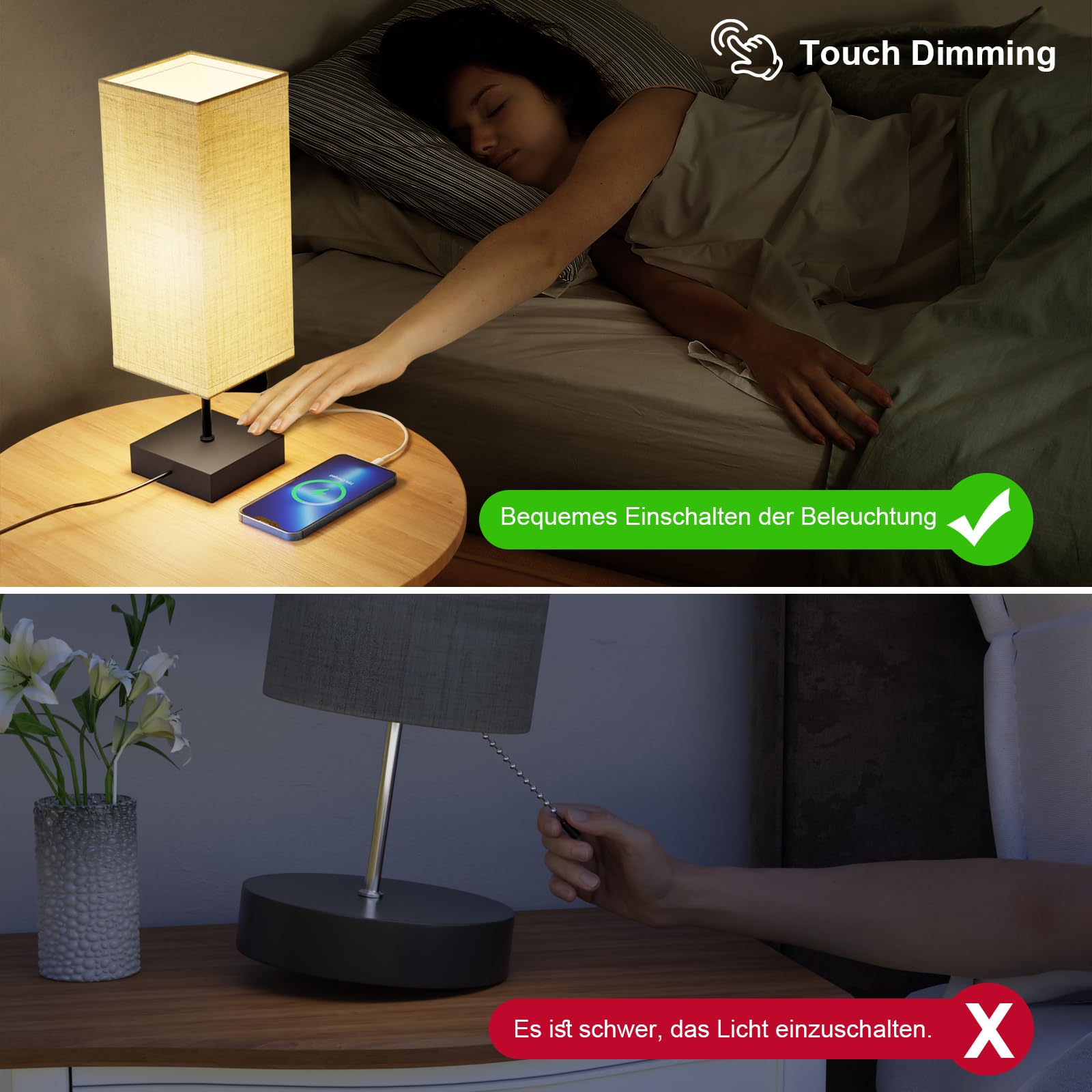 Lamparas de Mesita de Noche, Lámparas de Mesa con 2 Puertos USB de Carga Rrápida, 3 Temperaturas de Color y Regulación Continua, 2 Bombillas E27 de 6W para Dormitorio, Ssalón, Ooficina