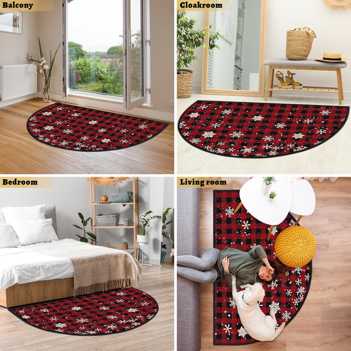 Mexpekil Paillasson de Noël en demi-lune pour intérieur et extérieur - Motif carreaux rouges - Demi cercle - Absorbant la saleté - 100 x 160 cm