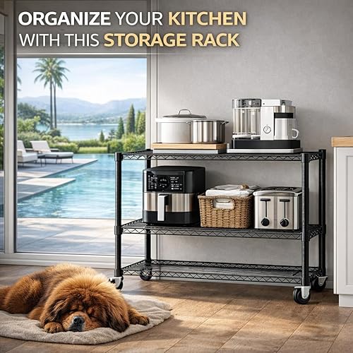 Miniatura 4 de Estantería de alambre rodante de 3 niveles con ruedas, estante de almacenamiento de metal resistente de 36.9 x 18.6 pulgadas, estantes ajustables,