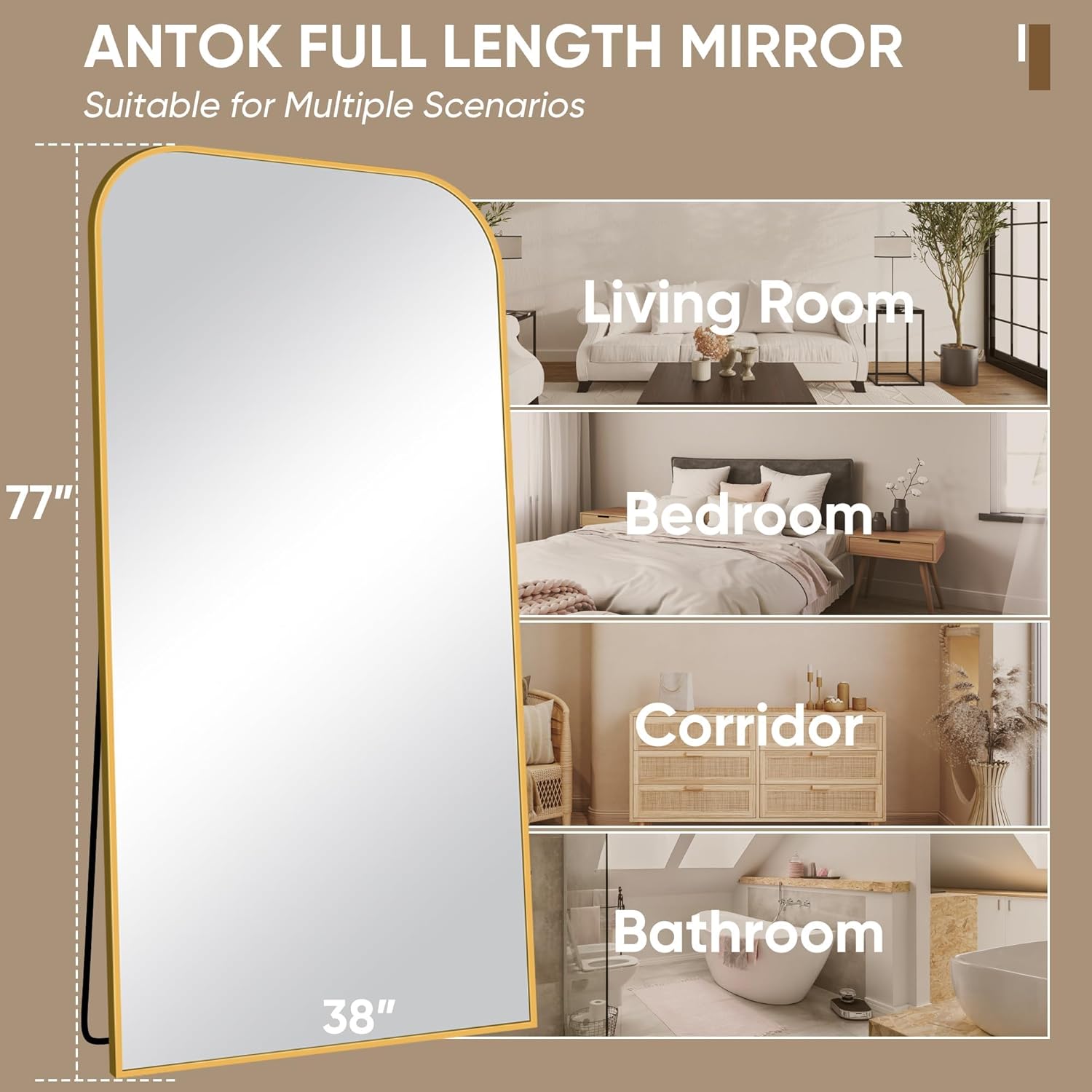 Antok Full Length Mirror, 78"x38" Floor Mirror Freestanding, Arched Floor Standing Large Full Body Mirror with Stand for Bedroom, Hanging Mounted for Living Room, Gold - Image 4