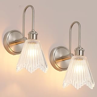 Wall Sconces Set of Two, Nickel Sconces Wall Decor with Glass Lampshade | Modern Wall Lights for Bedroom Living Room Hallway, Hardwired Fixture with Long Clear Glass Lampshade, Include 2 LED Bulbs