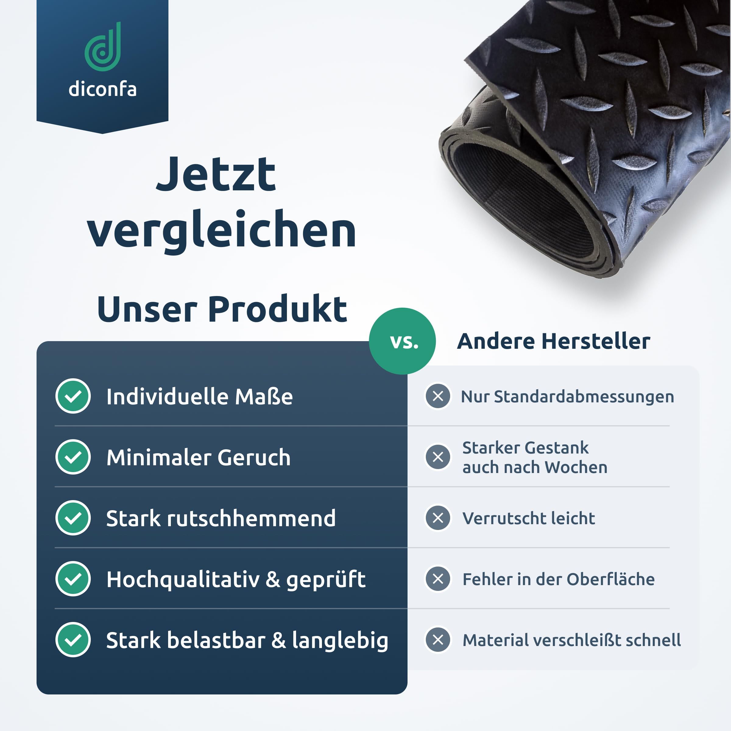 diconfa Gummimatte Diamant Tränenblech 3mm DICK, 2m BREIT, 3m LANG | Antirutschmatte NACH Maß - BREITE 0,1 bis 2,0m - LÄNGE 0,1 bis 10m - GRÖßE: 200cm x 300cm - GERUCHSARM Gummiläufer